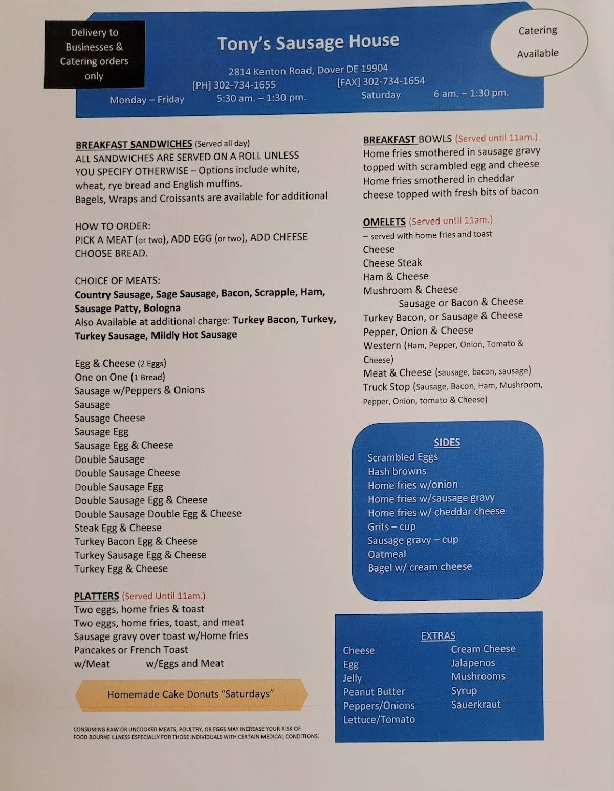 Menu at Tony's Sausage House restaurant, Dover