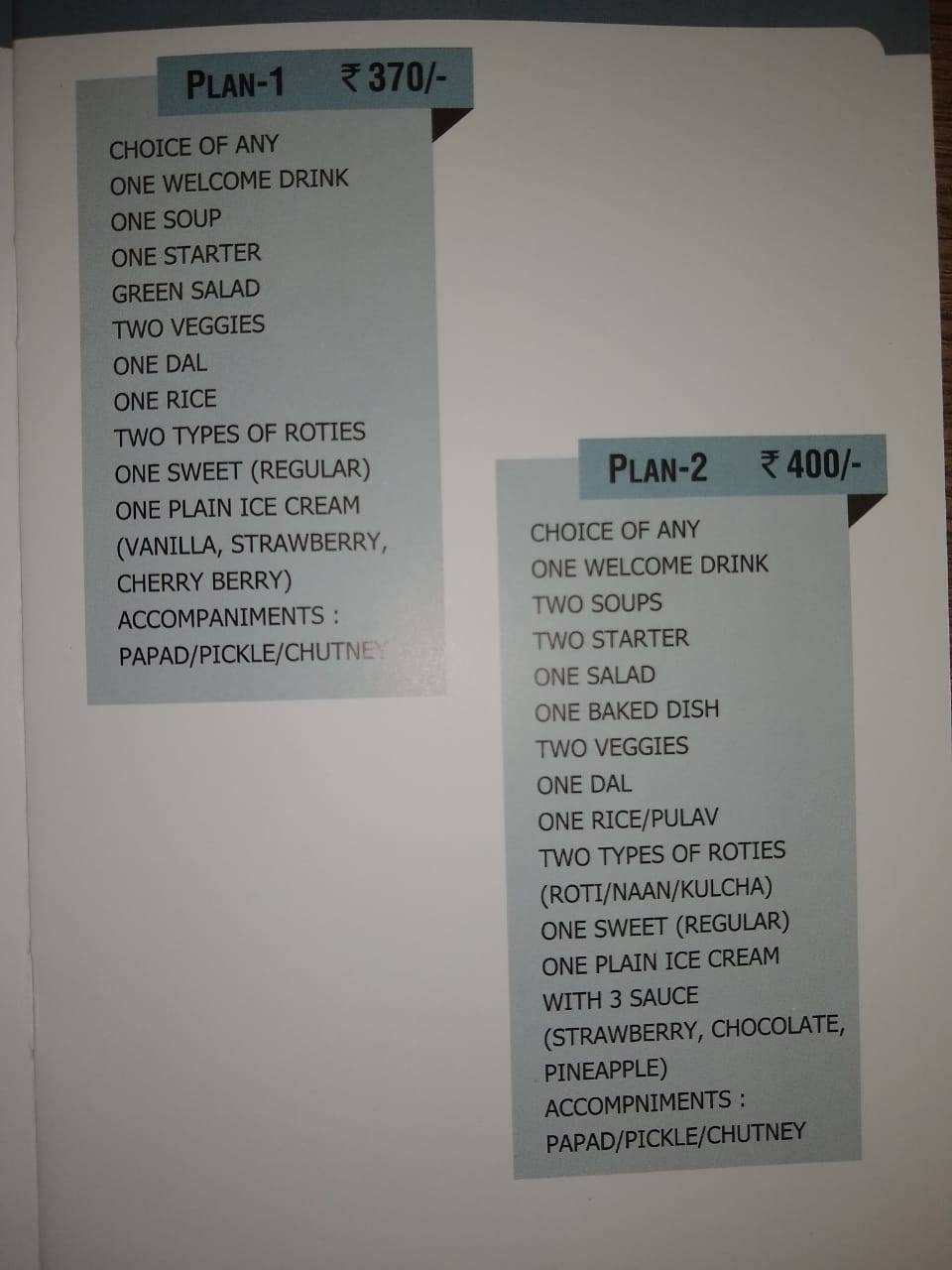 Topaz Restaurant & Banquets menu