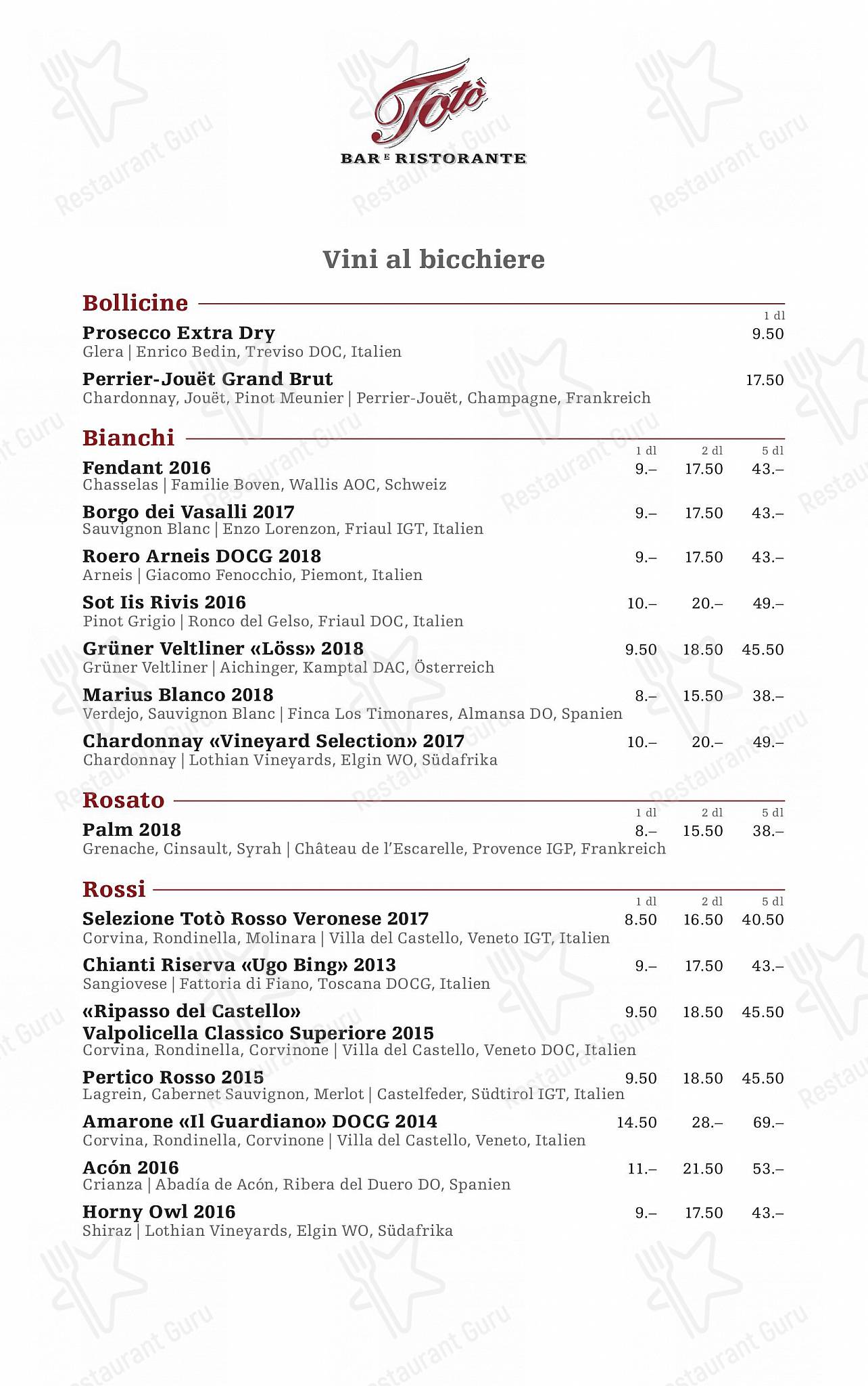 Carte menu per Totò in Zurigo