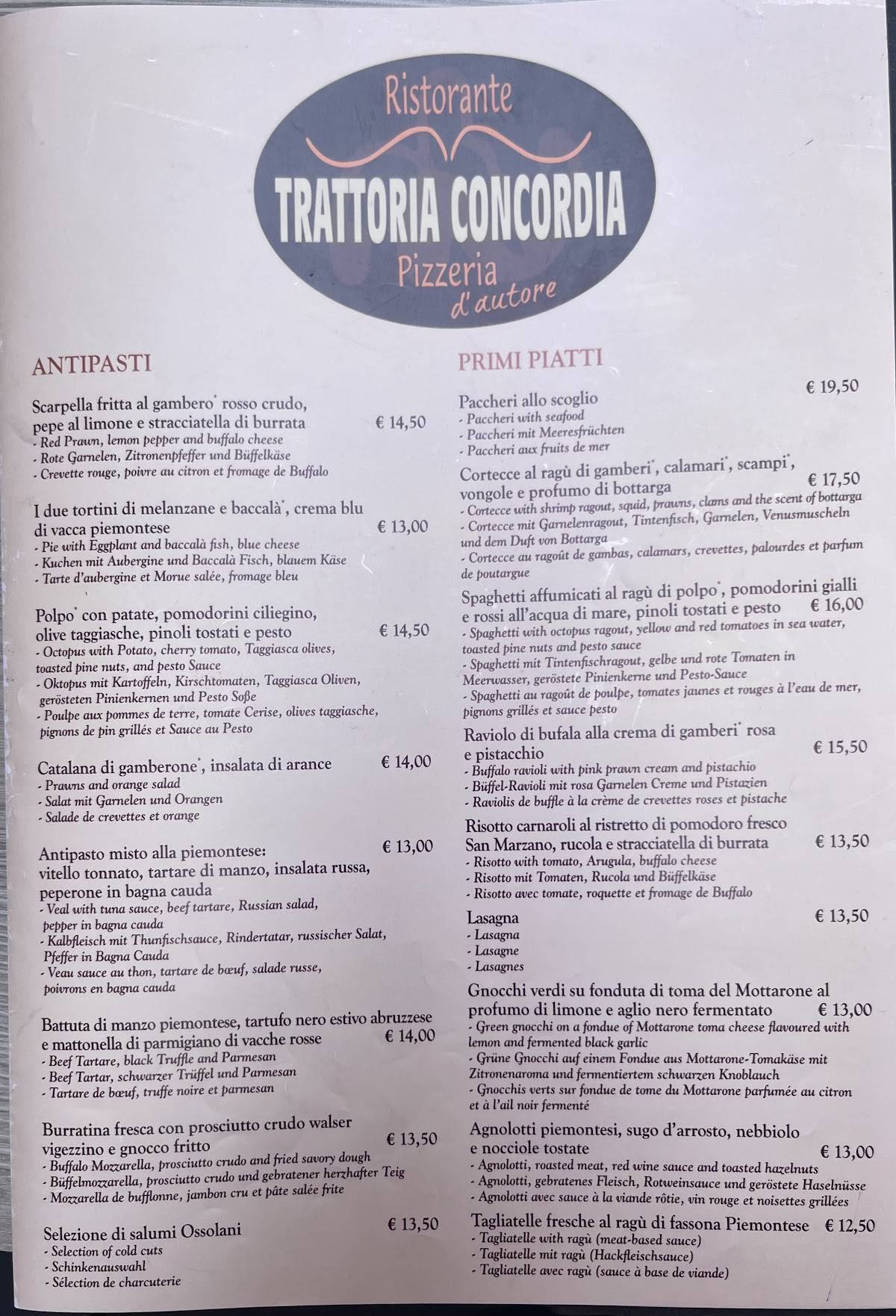 Menu di Trattoria Concordia 
