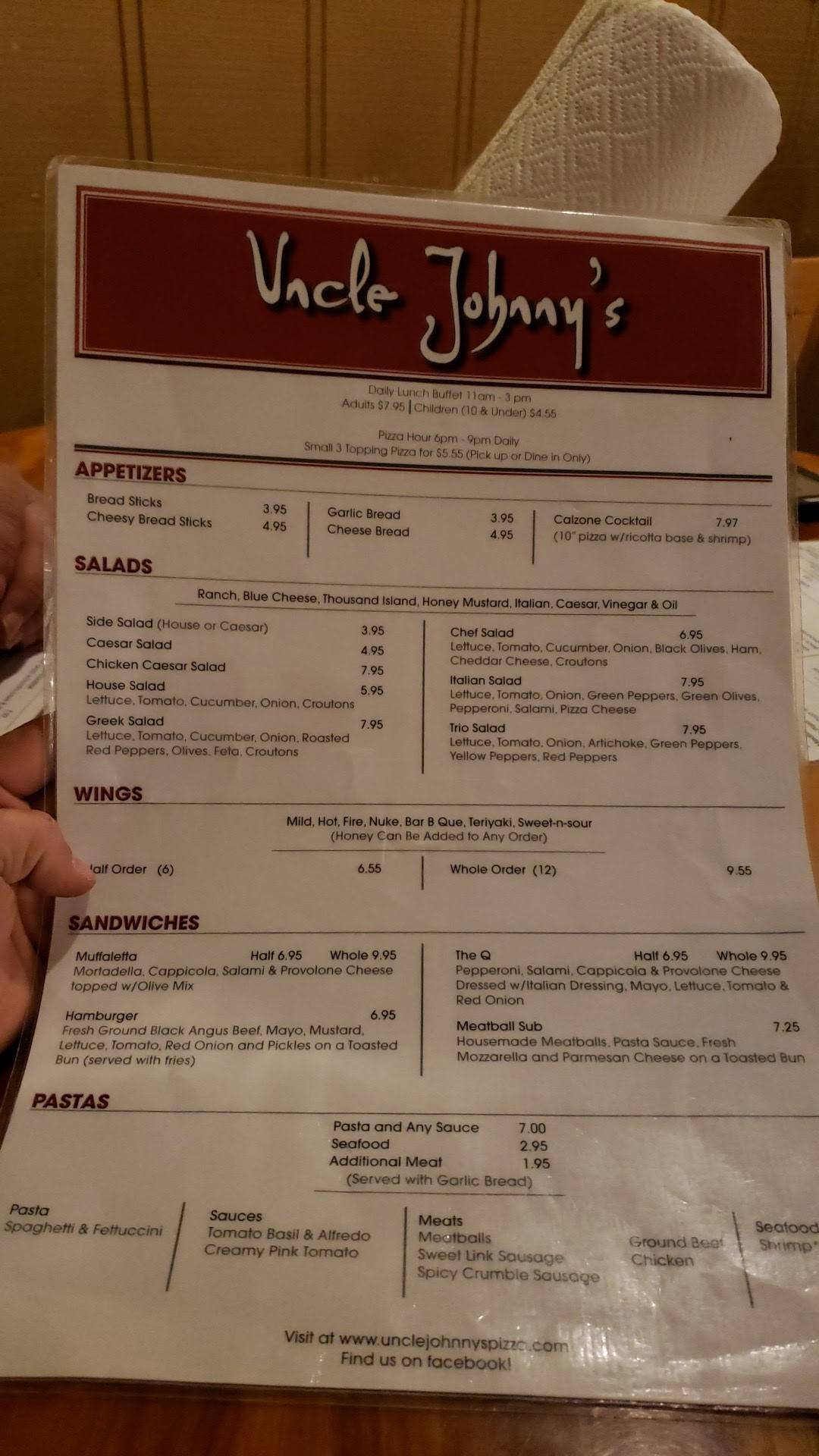 Menu at Uncle Johnny's restaurant, Plaquemine