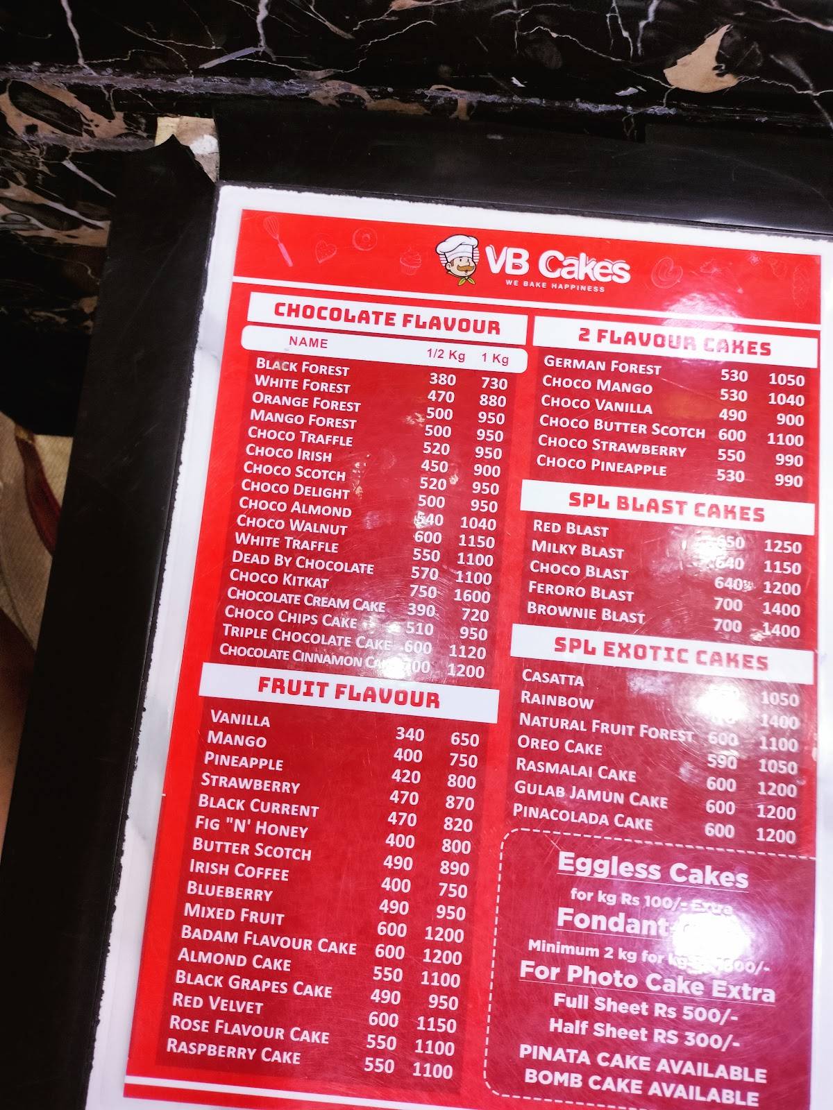 VB Cakes menu