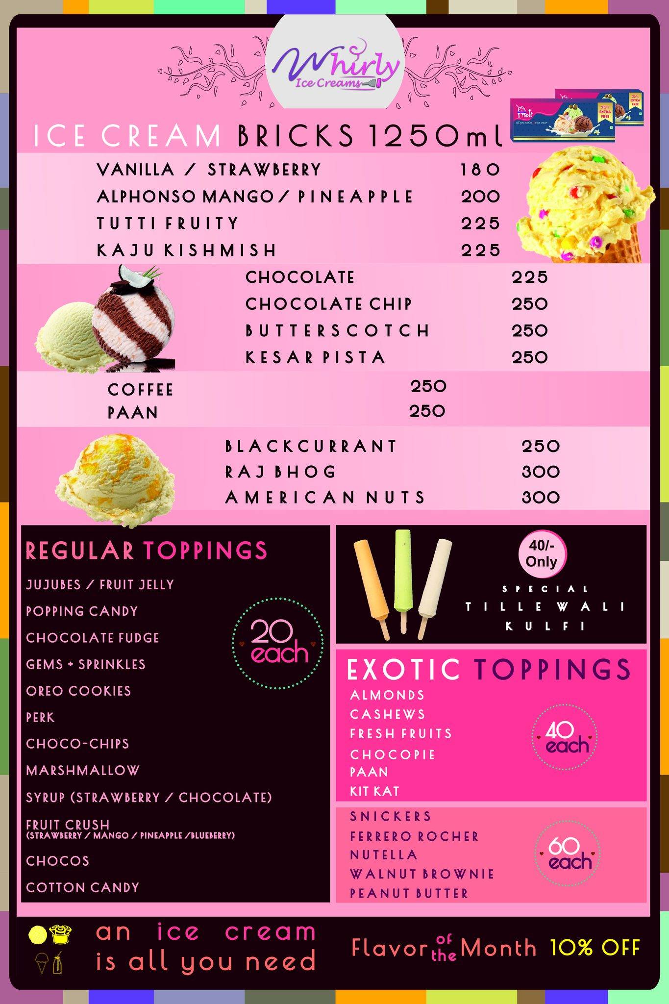 Whirly Ice-cream parlour menu