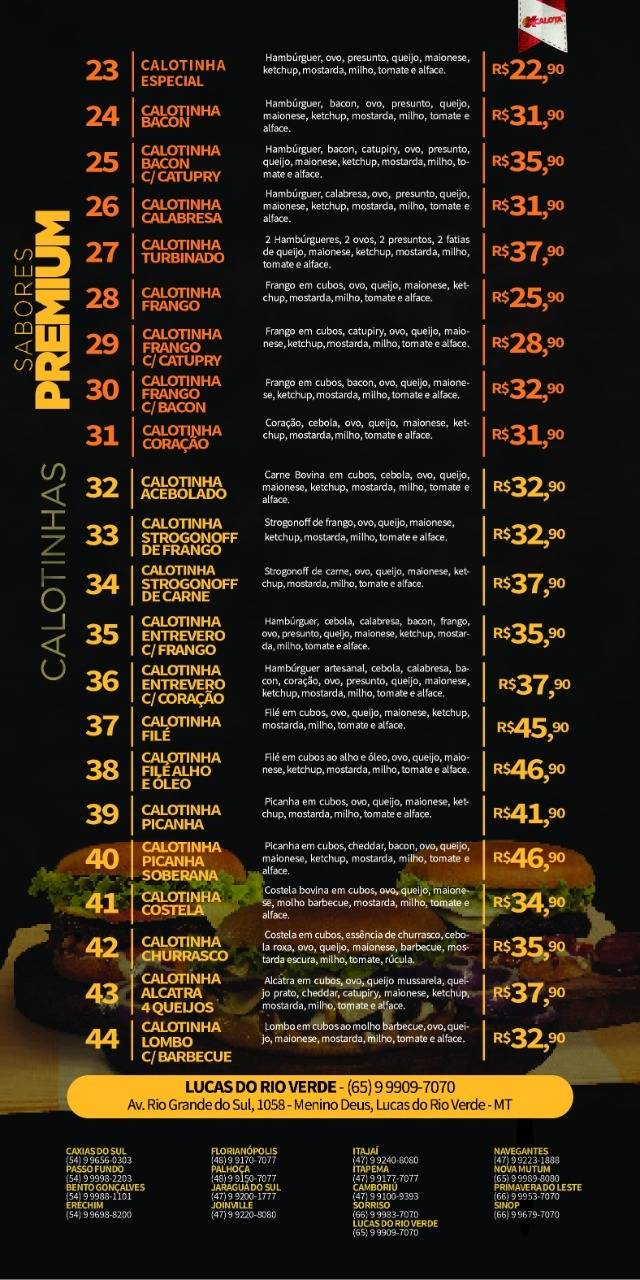 X Calota Lucas Rio verde cardápio