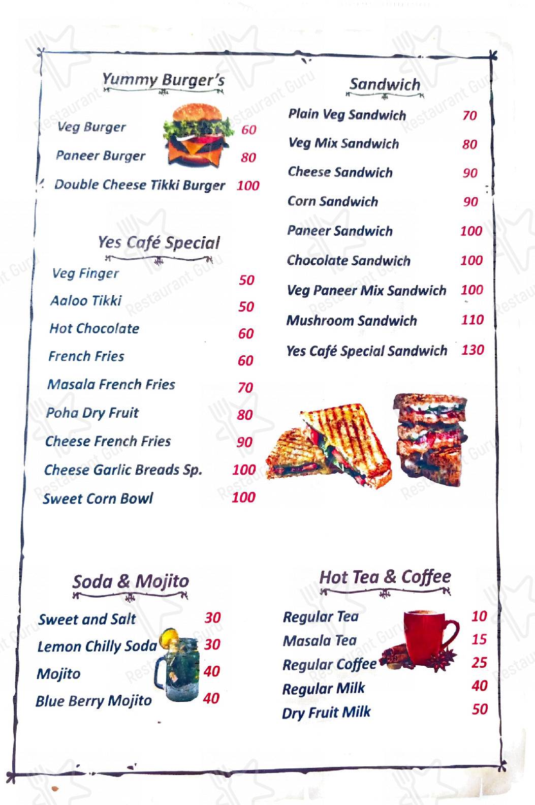 Menu for the Yes Cafe Barmer