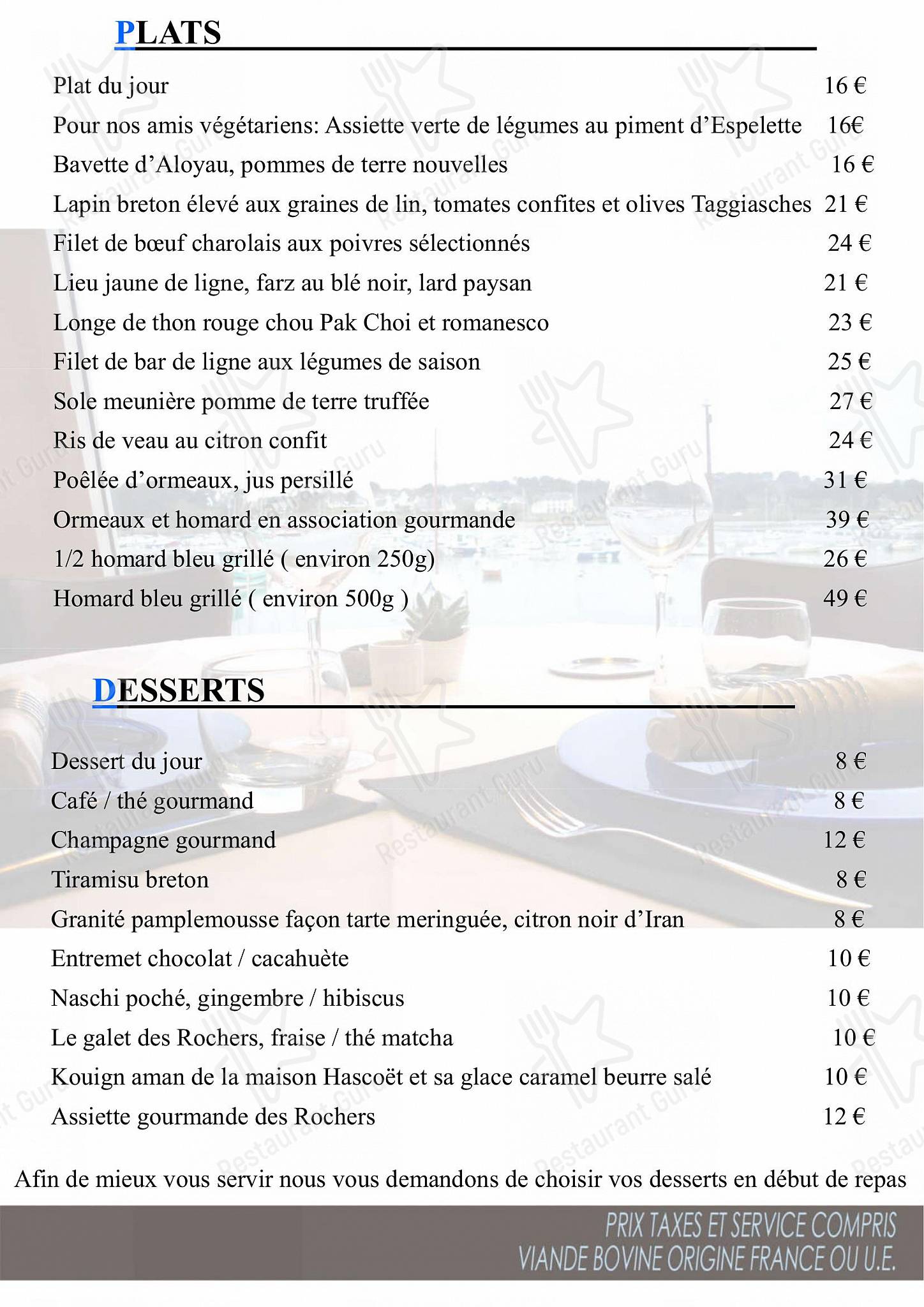Menu pour Hôtel des Rochers - plats et boissons