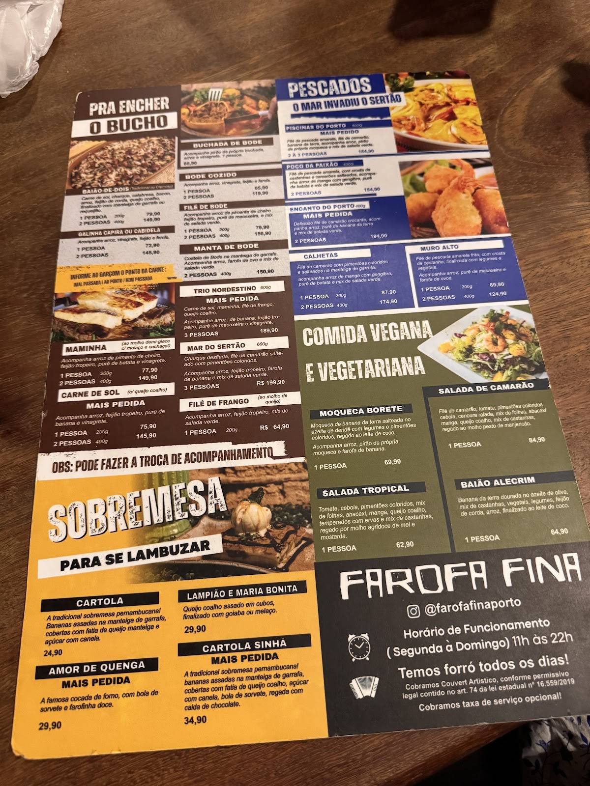 Restaurante Farofa Fina cardápio