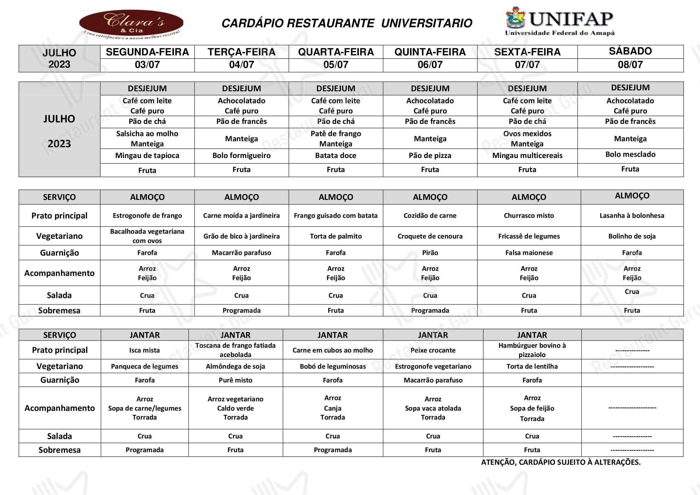 Restaurante Universitário - UNIFAP em Macapá - Dine-in Menu
