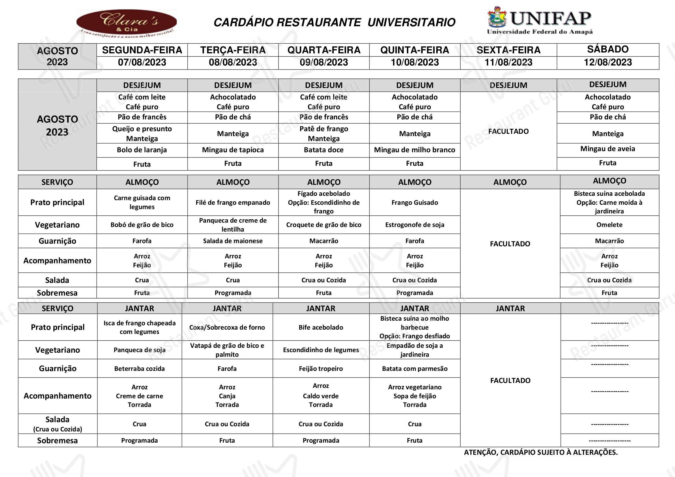 Summer menu para Restaurante Universitário - UNIFAP em Macapá