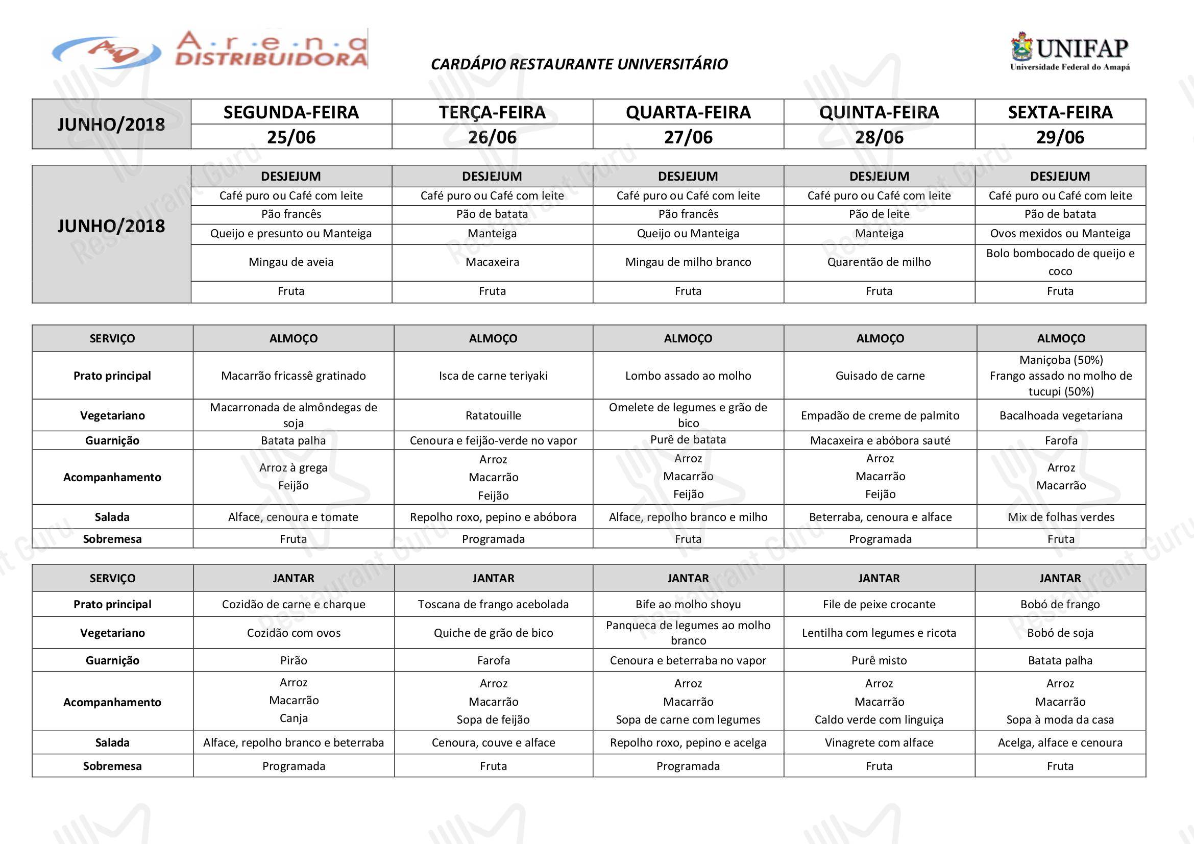 Menu pizza para Restaurante Universitário - UNIFAP em Macapá
