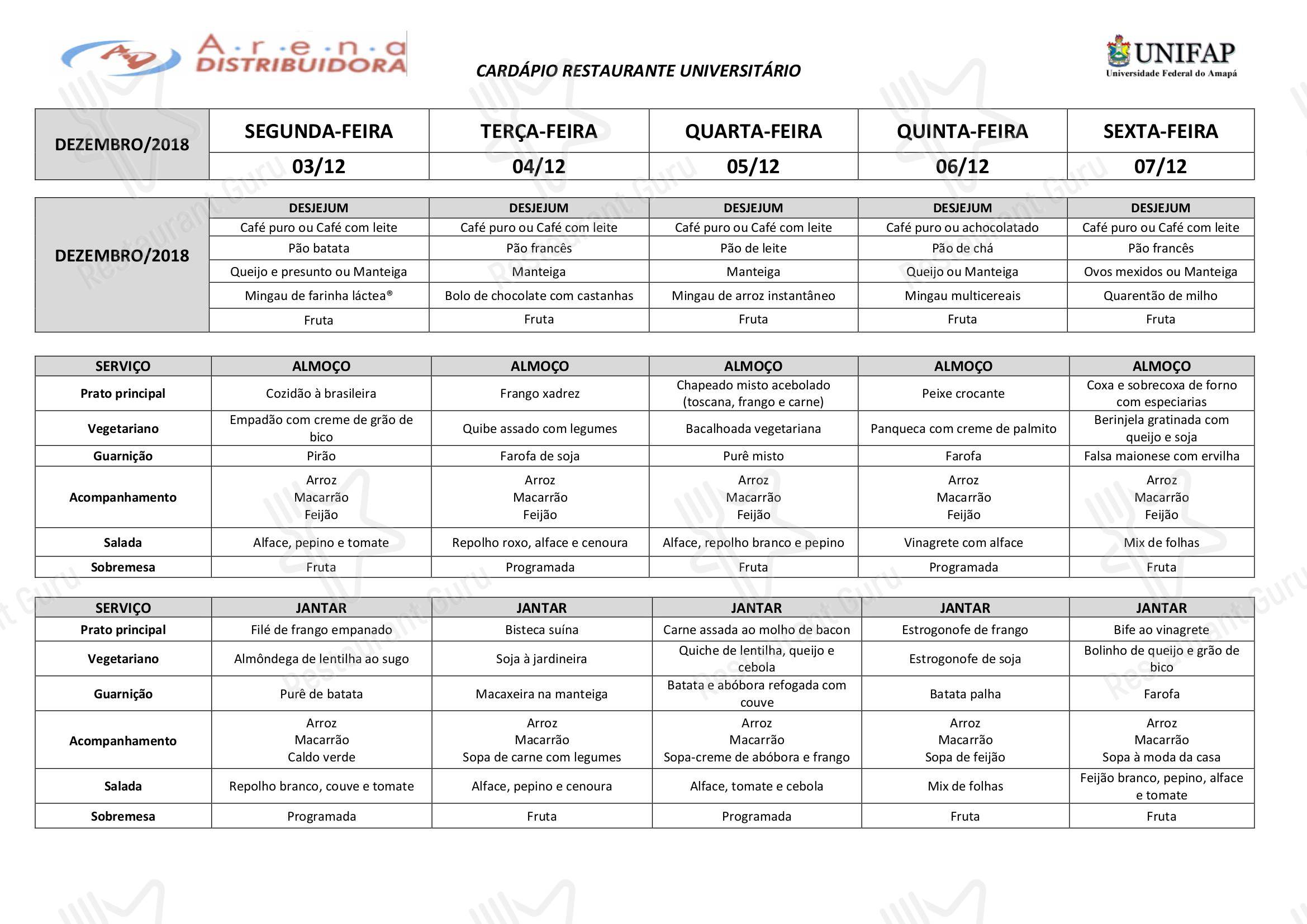 Cafe Lunch Menu para Restaurante Universitário - UNIFAP restaurante