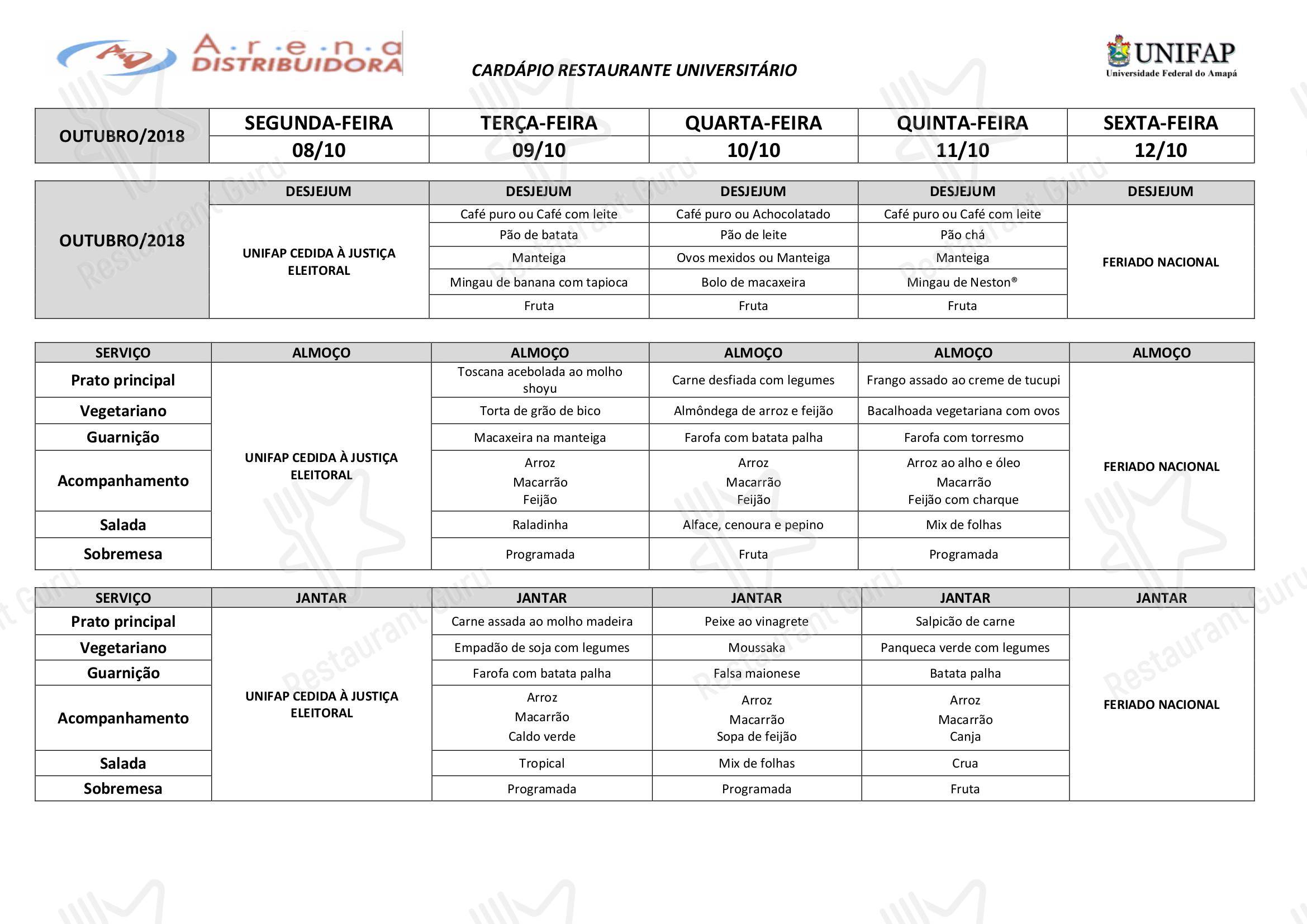 Restaurante Universitário - UNIFAP - Menu cocktail