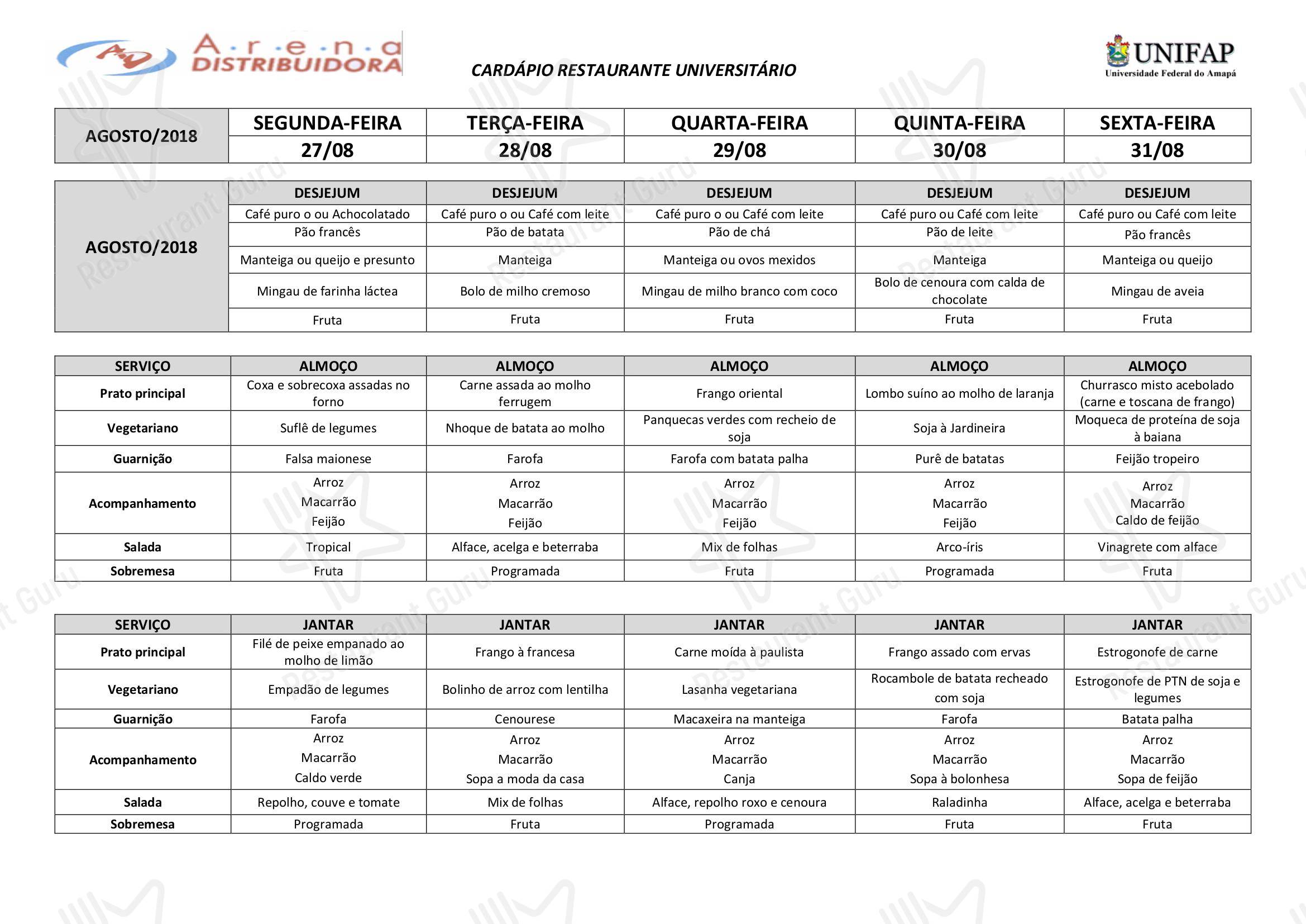 Restaurant Lunch Menu para Restaurante Universitário - UNIFAP em Macapá
