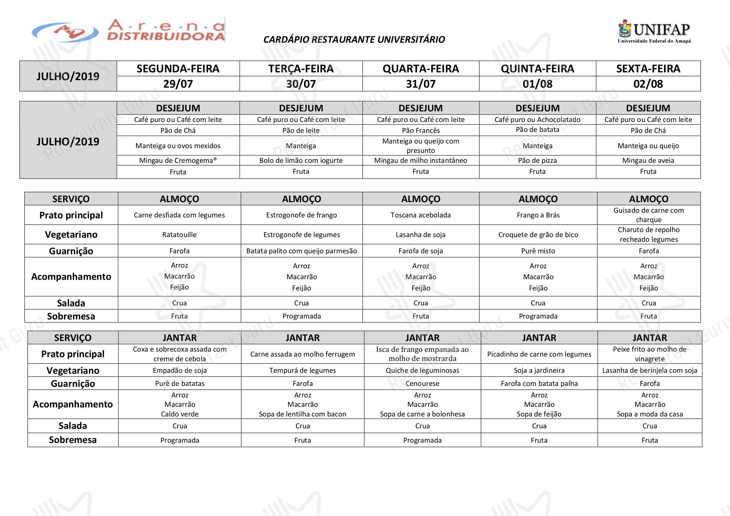 Sunday lunch menu para Restaurante Universitário - UNIFAP em Macapá