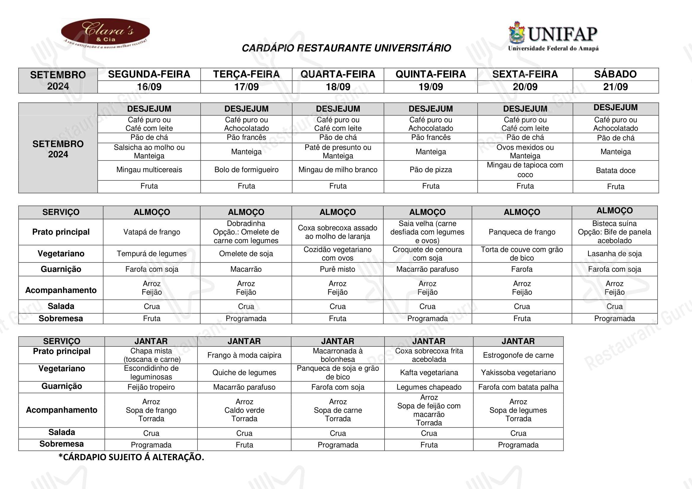 Bistro Menu para Restaurante Universitário - UNIFAP em Macapá