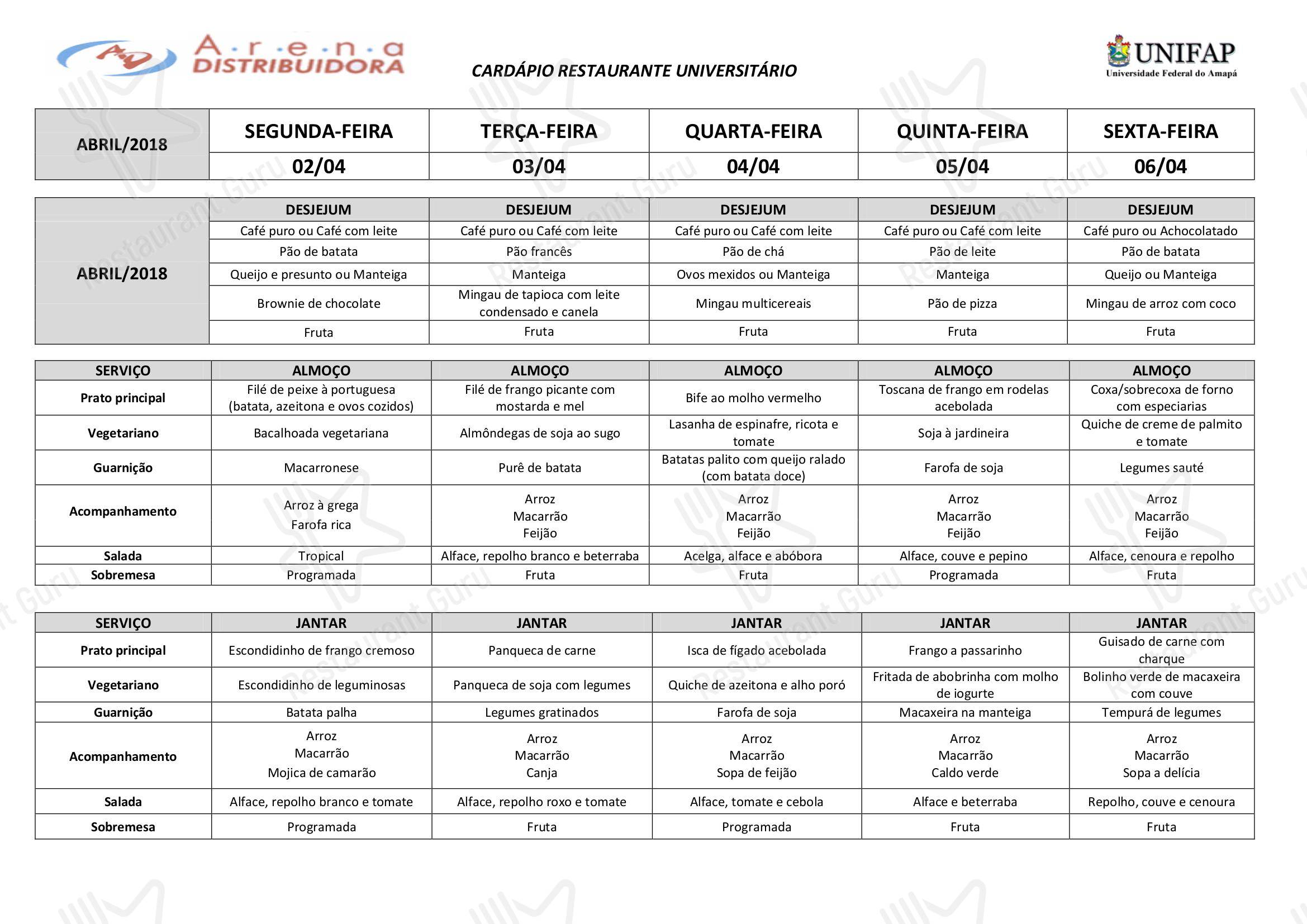 Restaurante Universitário - UNIFAP em Macapá - Menu restaurant
