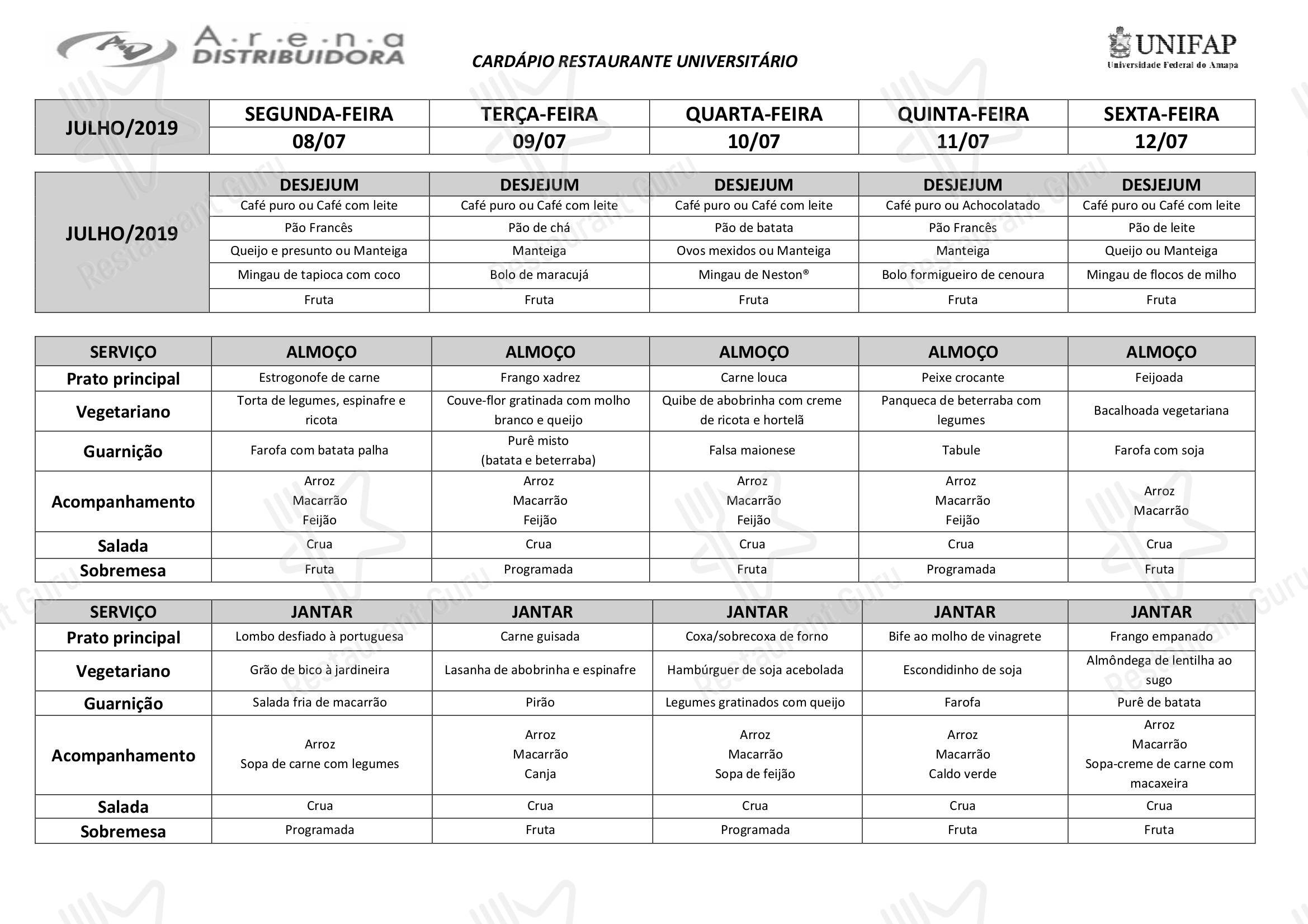 Menu takeaway para Restaurante Universitário - UNIFAP em Macapá