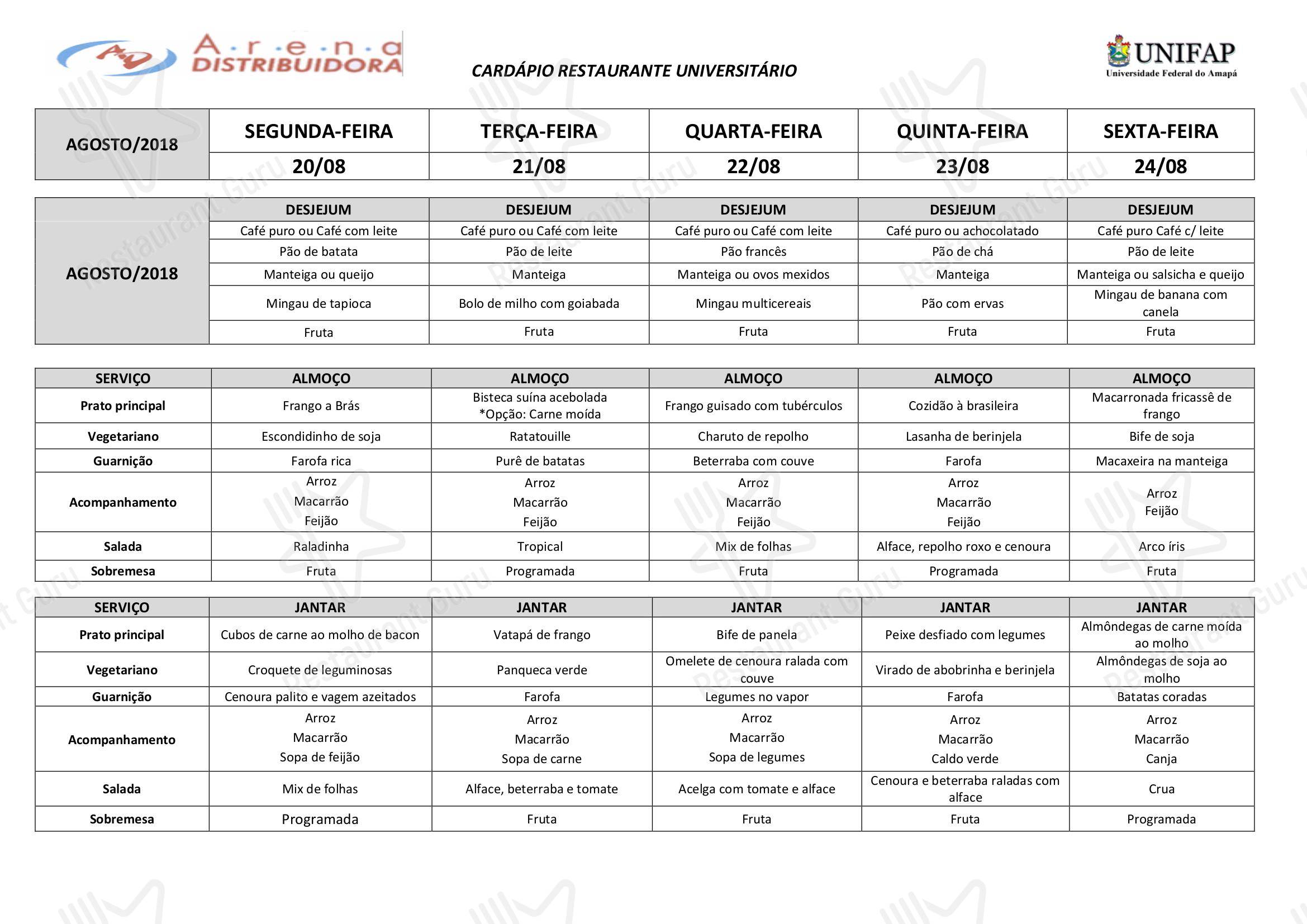 Cafe Catering Menu para Restaurante Universitário - UNIFAP em Macapá