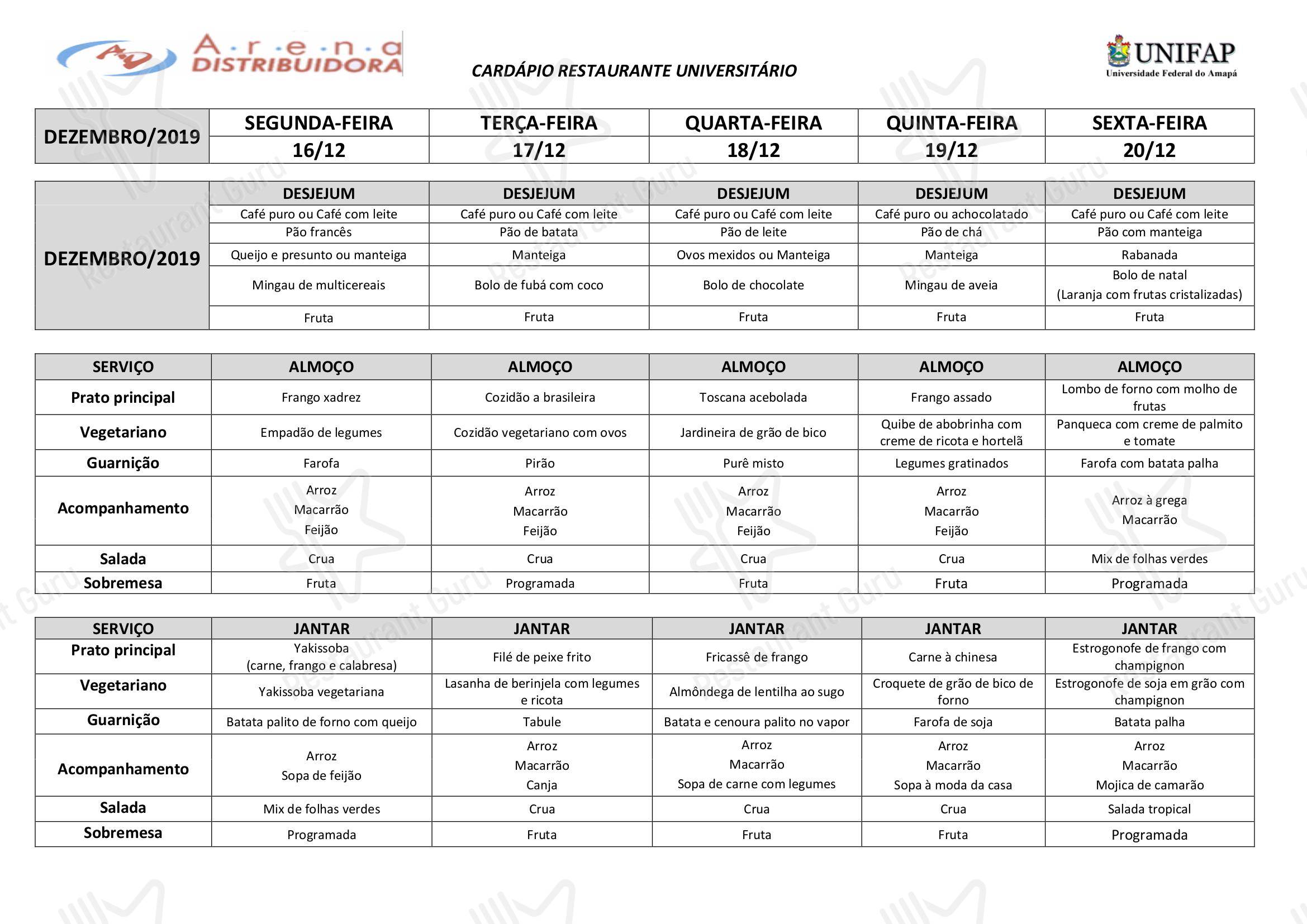 Pizzeria Menu para Restaurante Universitário - UNIFAP restaurante
