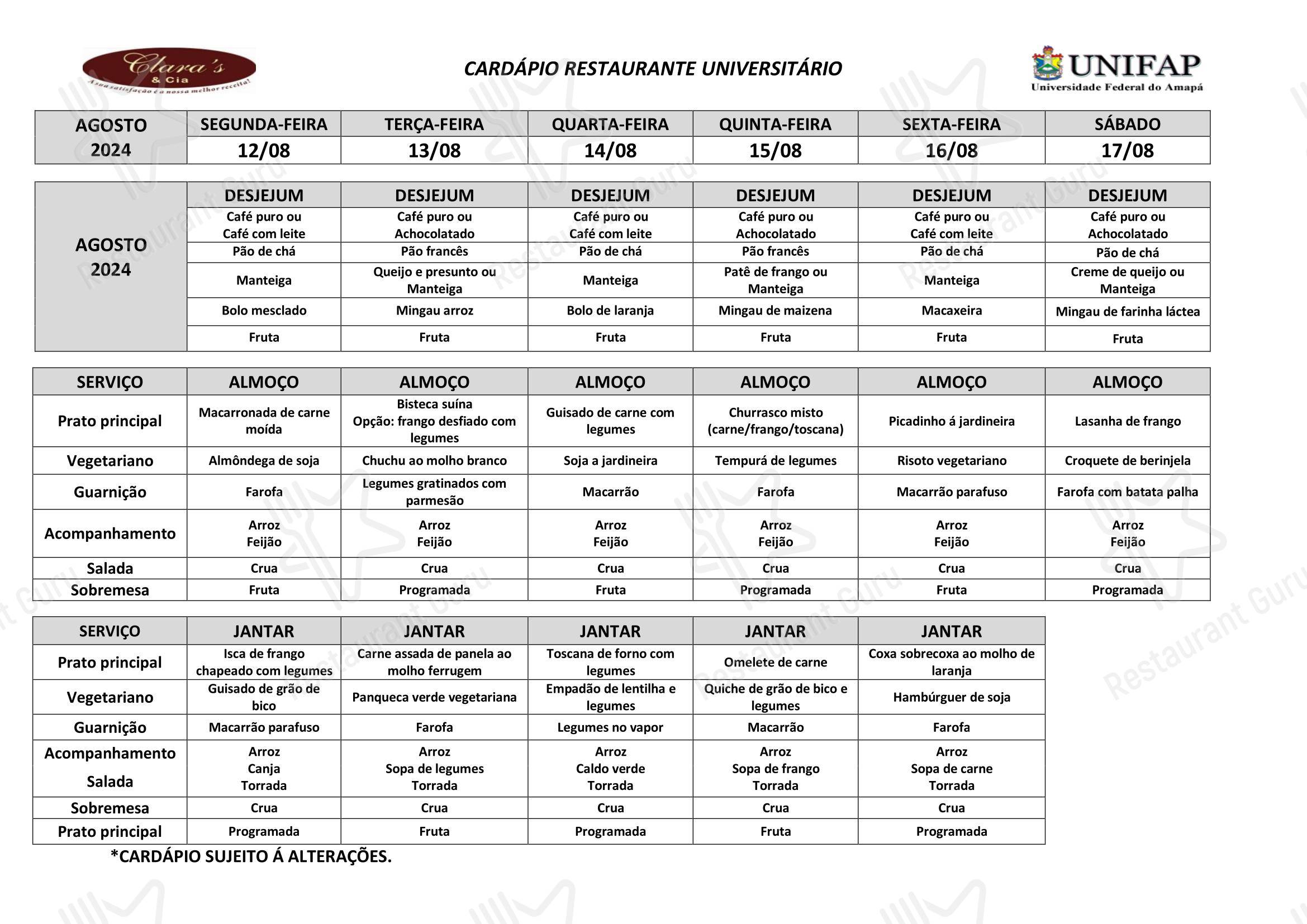 Sunday Lunch Sample Menu para Restaurante Universitário - UNIFAP em Macapá