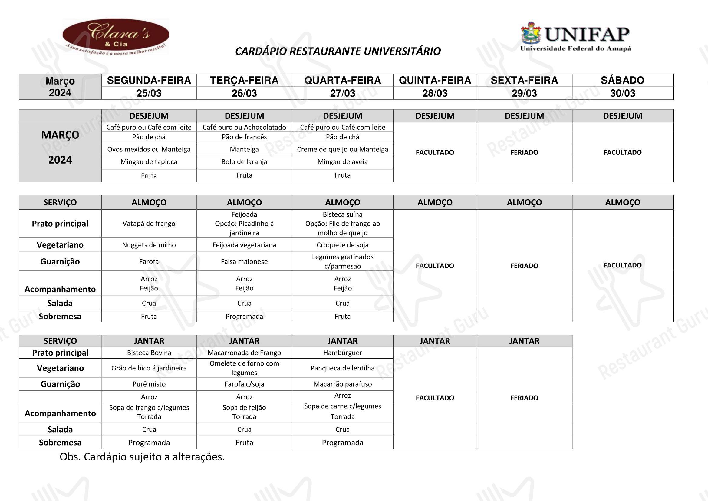 Restaurante Universitário - UNIFAP - Menu Dinner