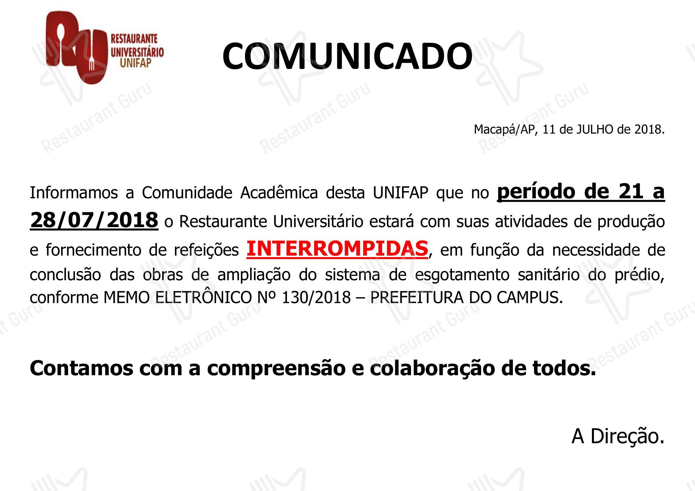 Menue karte para Restaurante Universitário - UNIFAP restaurante