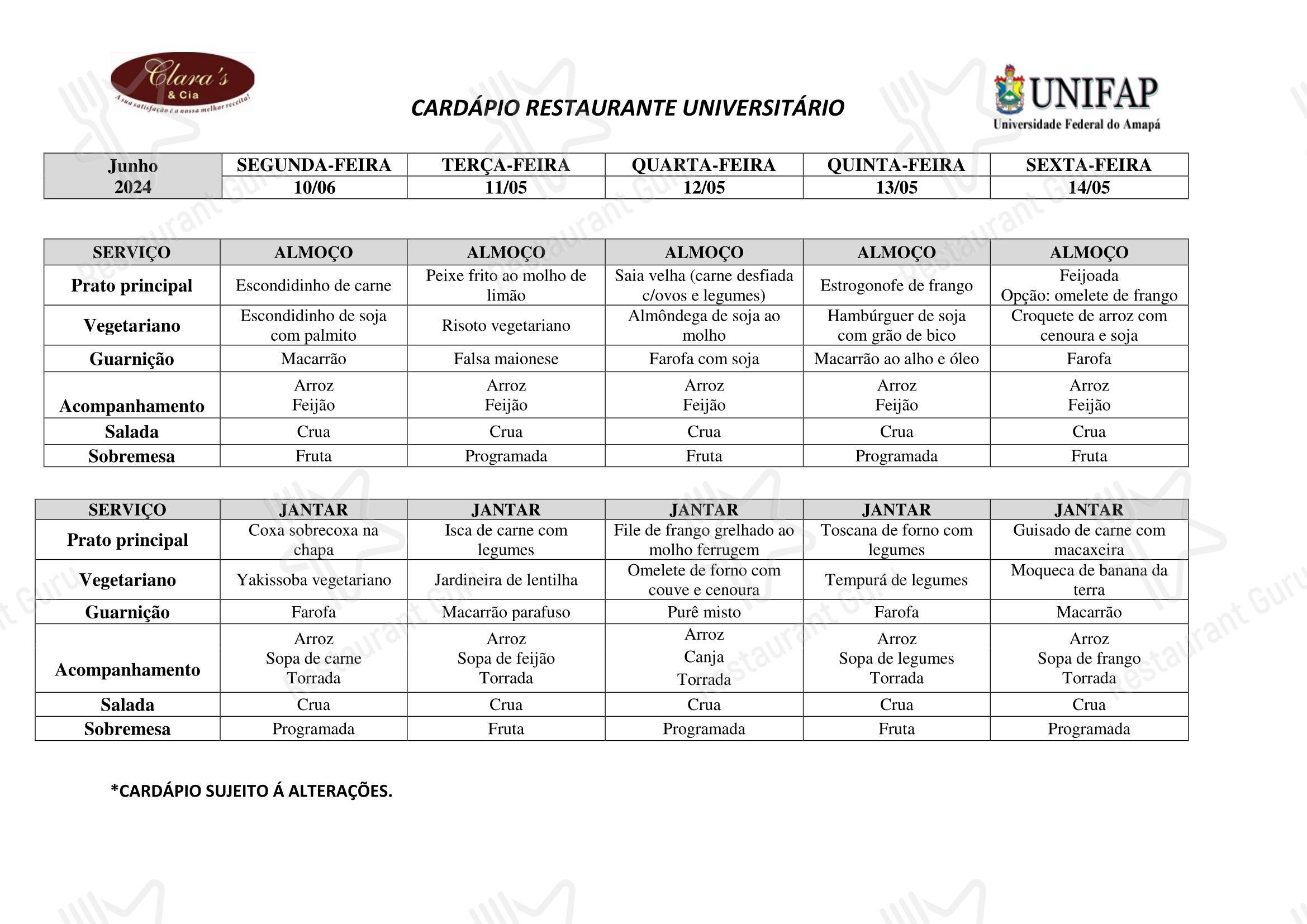 Food and Drinks menu para Restaurante Universitário - UNIFAP restaurante