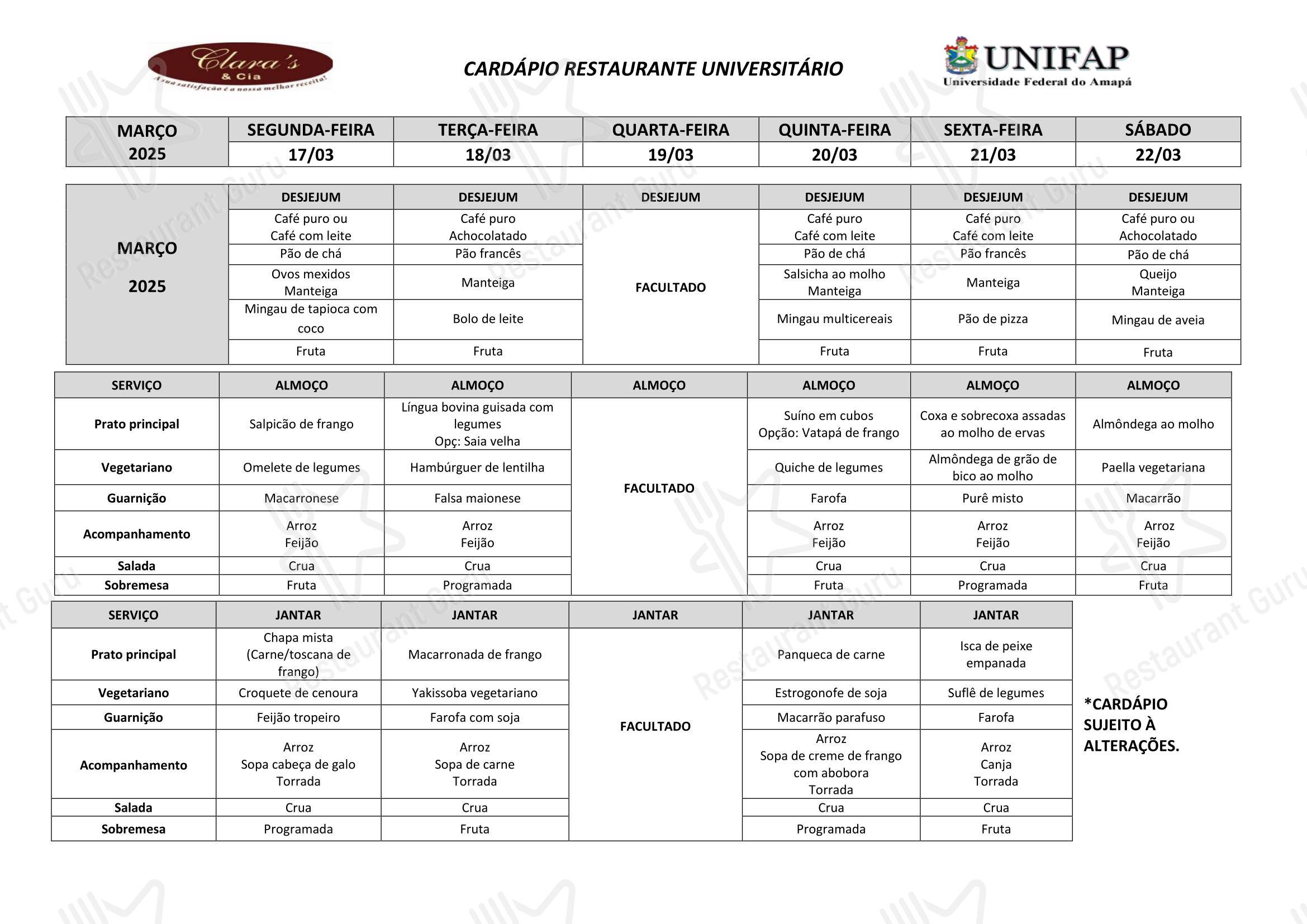 Restaurante Universitário - UNIFAP - Dinner Menu