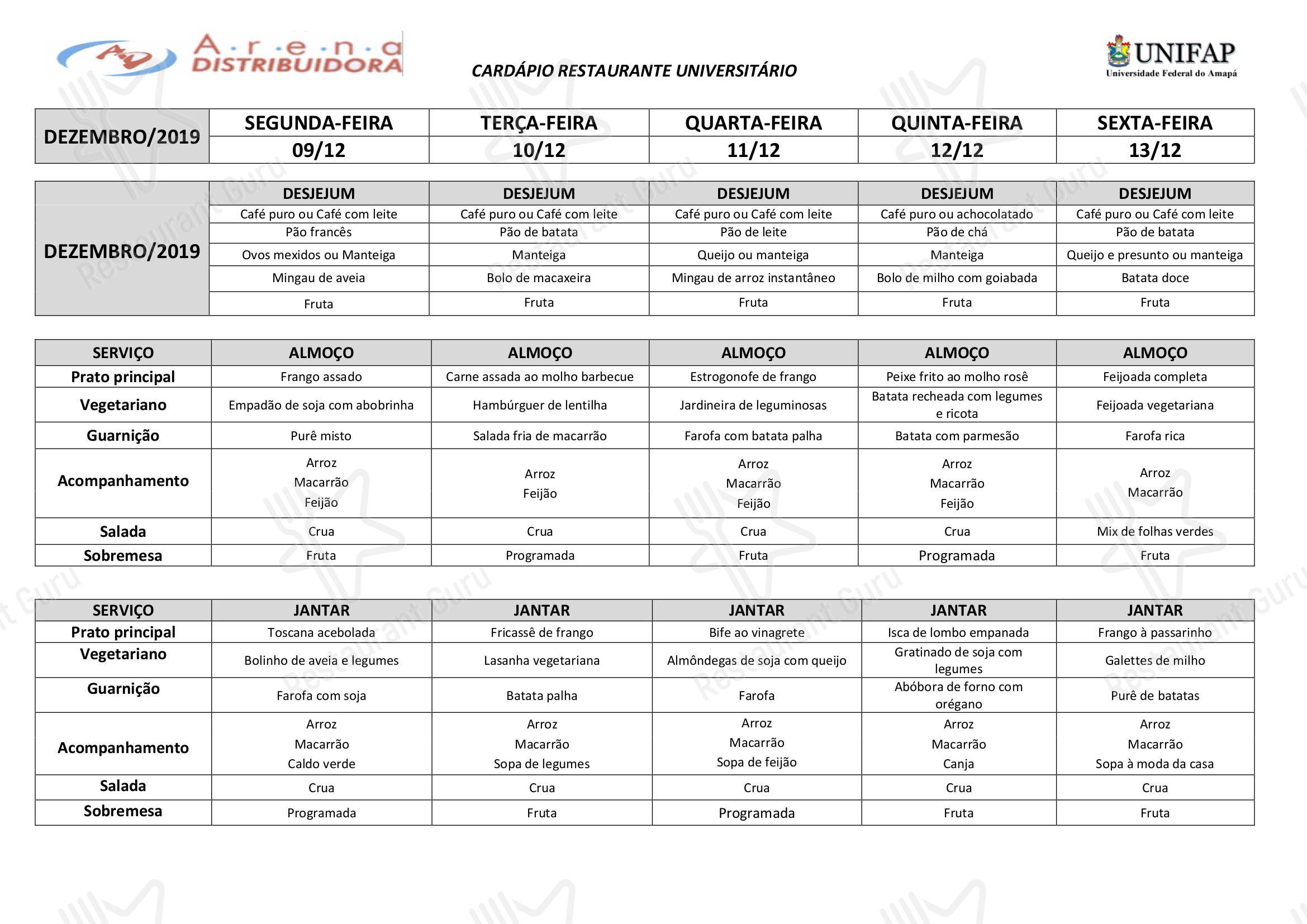 Menu alla Carta para Restaurante Universitário - UNIFAP em Macapá