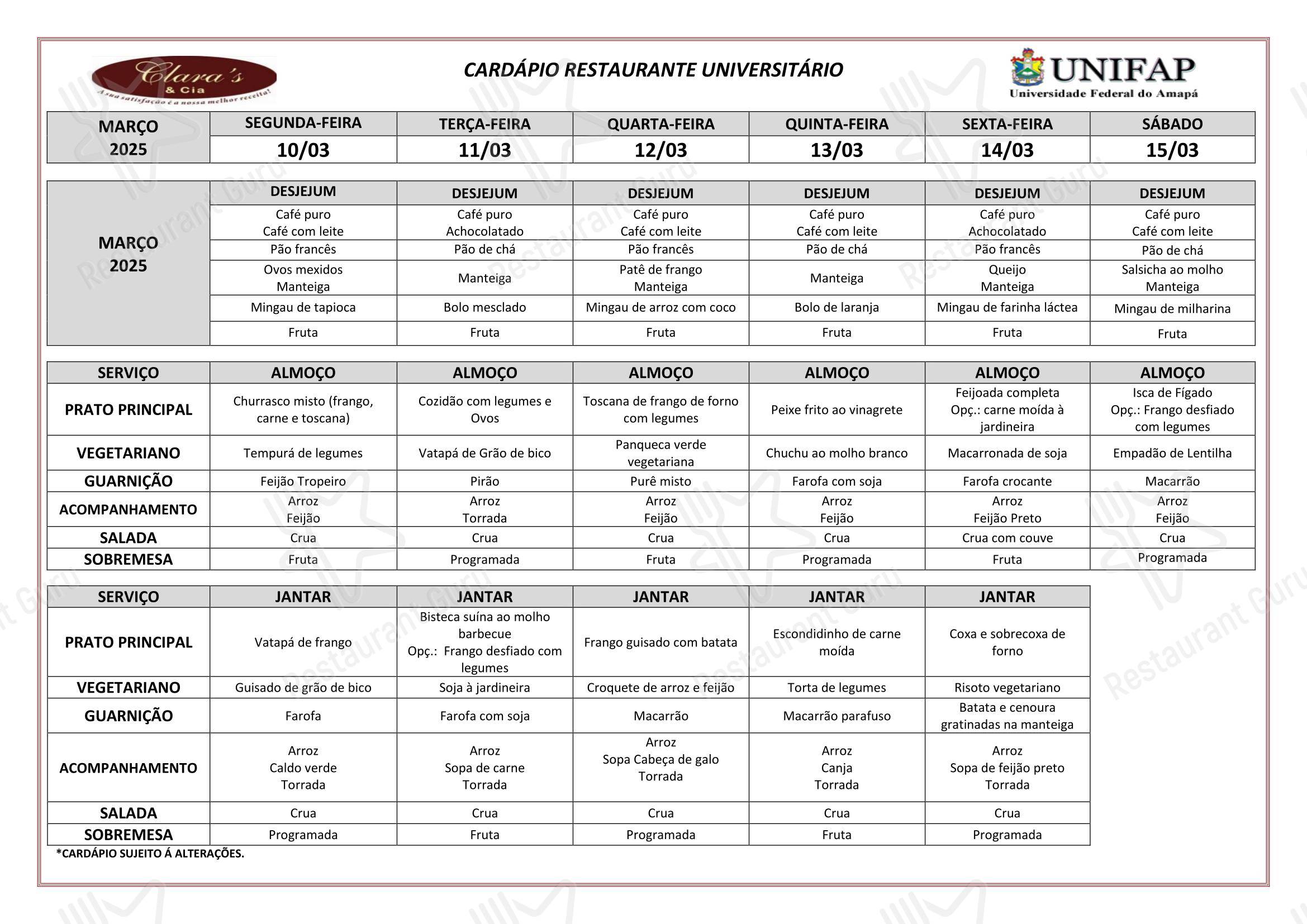 Takeaway Menu para Restaurante Universitário - UNIFAP restaurante