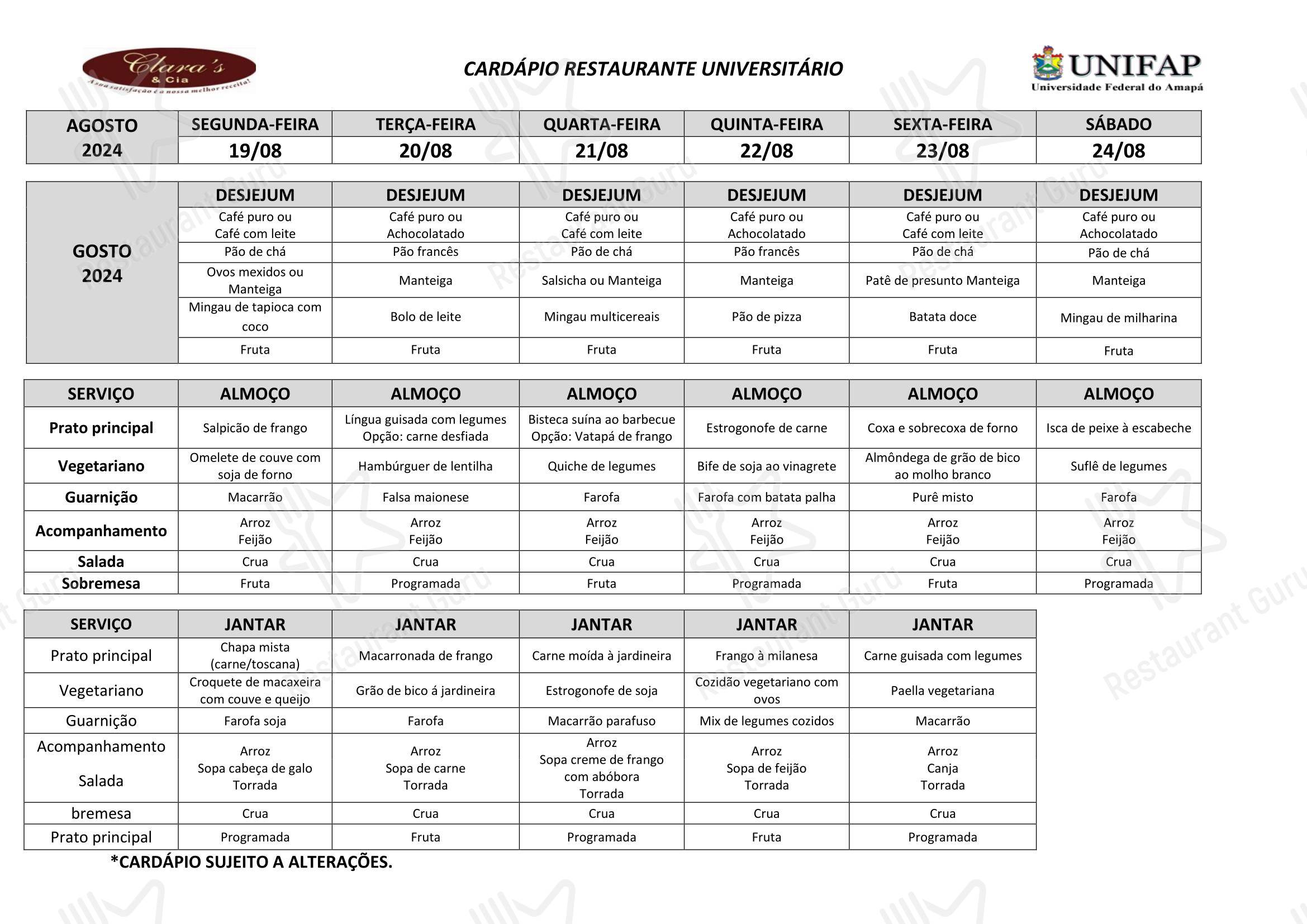 Restaurante Universitário - UNIFAP em Macapá - Carte menu