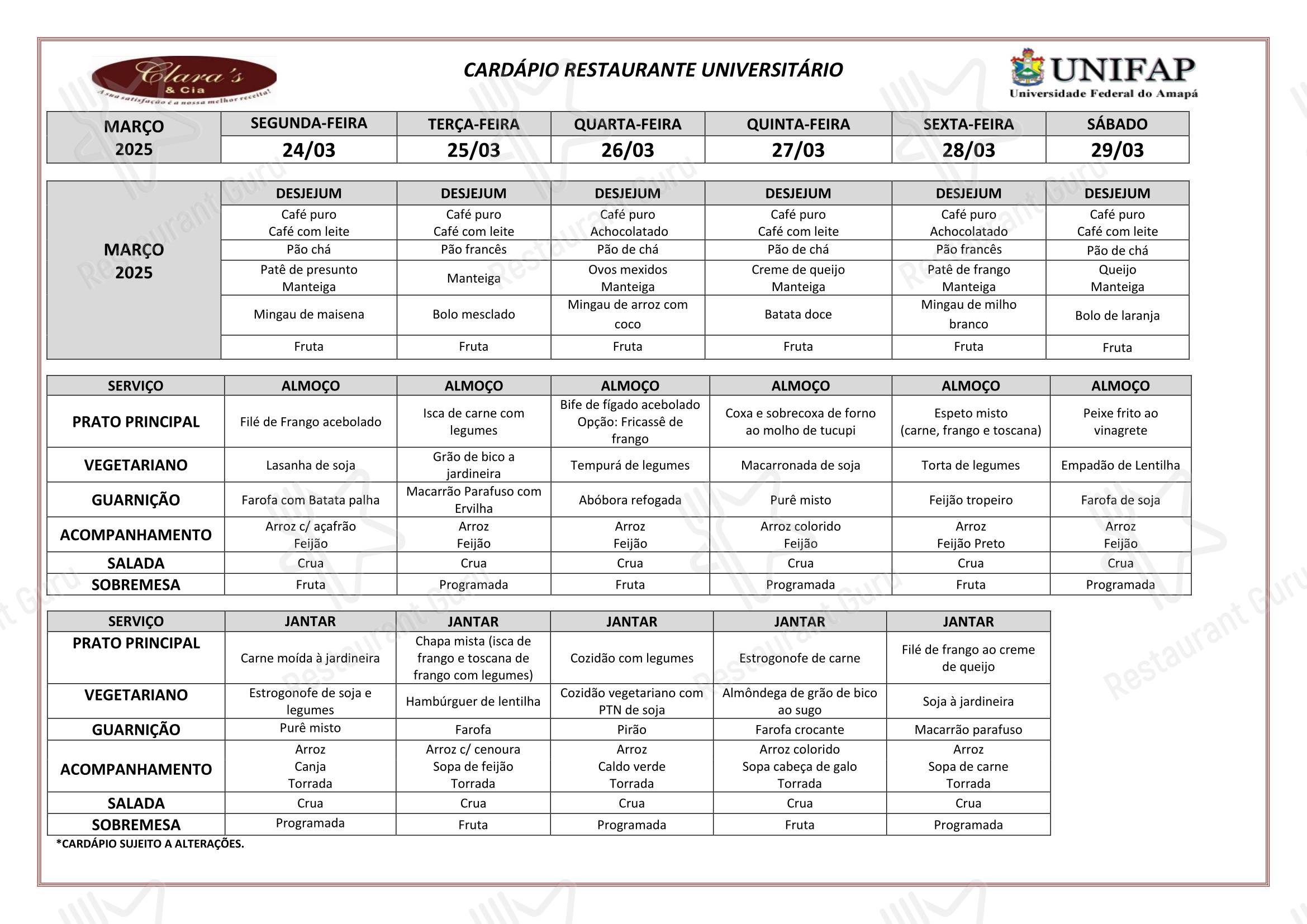 Restaurante Universitário - UNIFAP - Lunch Menu