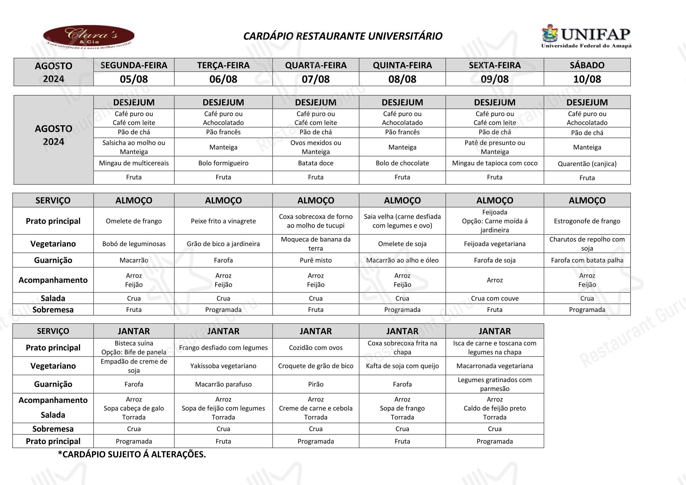 Grill menu para Restaurante Universitário - UNIFAP restaurante