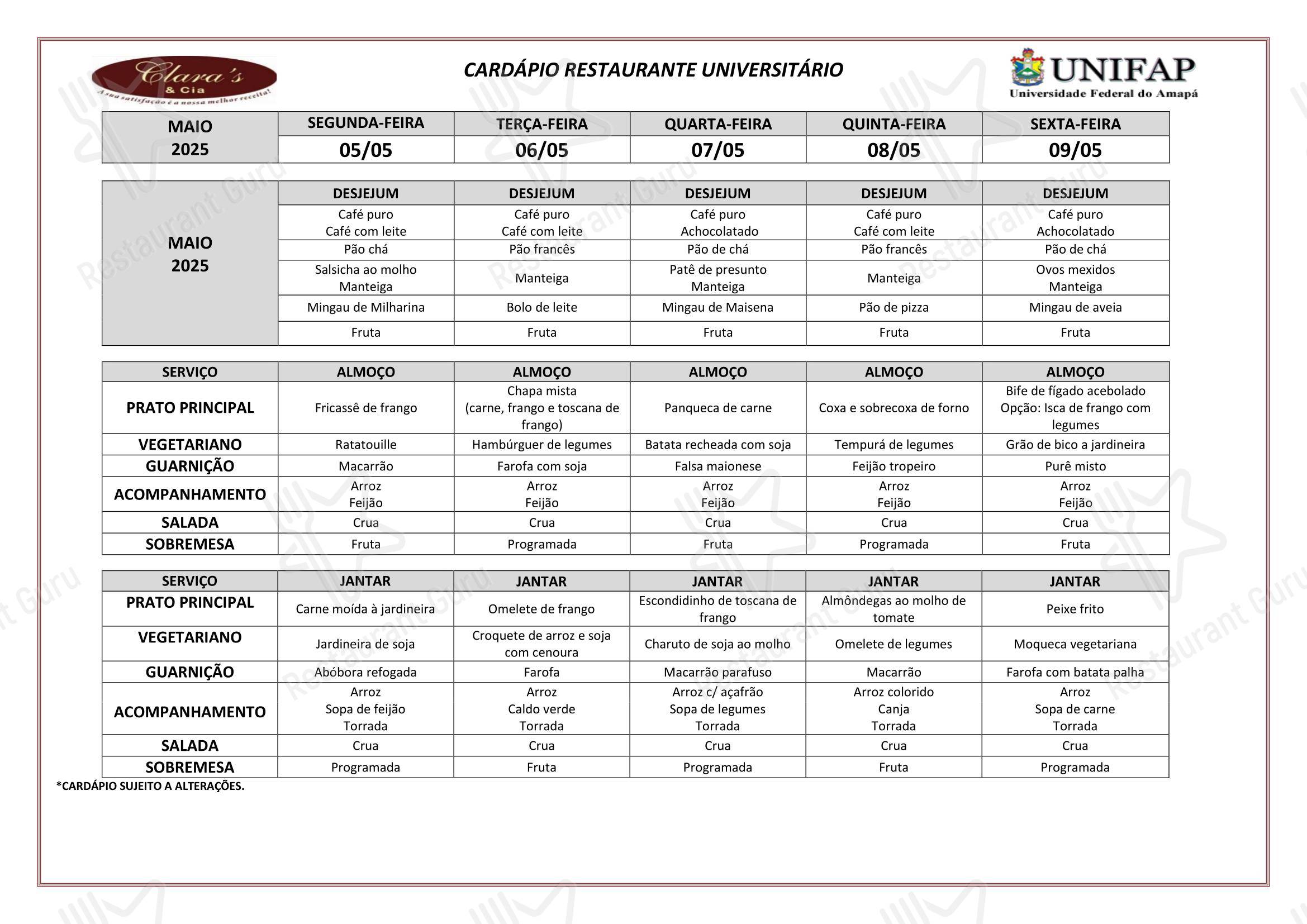 Основное меню para Restaurante Universitário - UNIFAP em Macapá