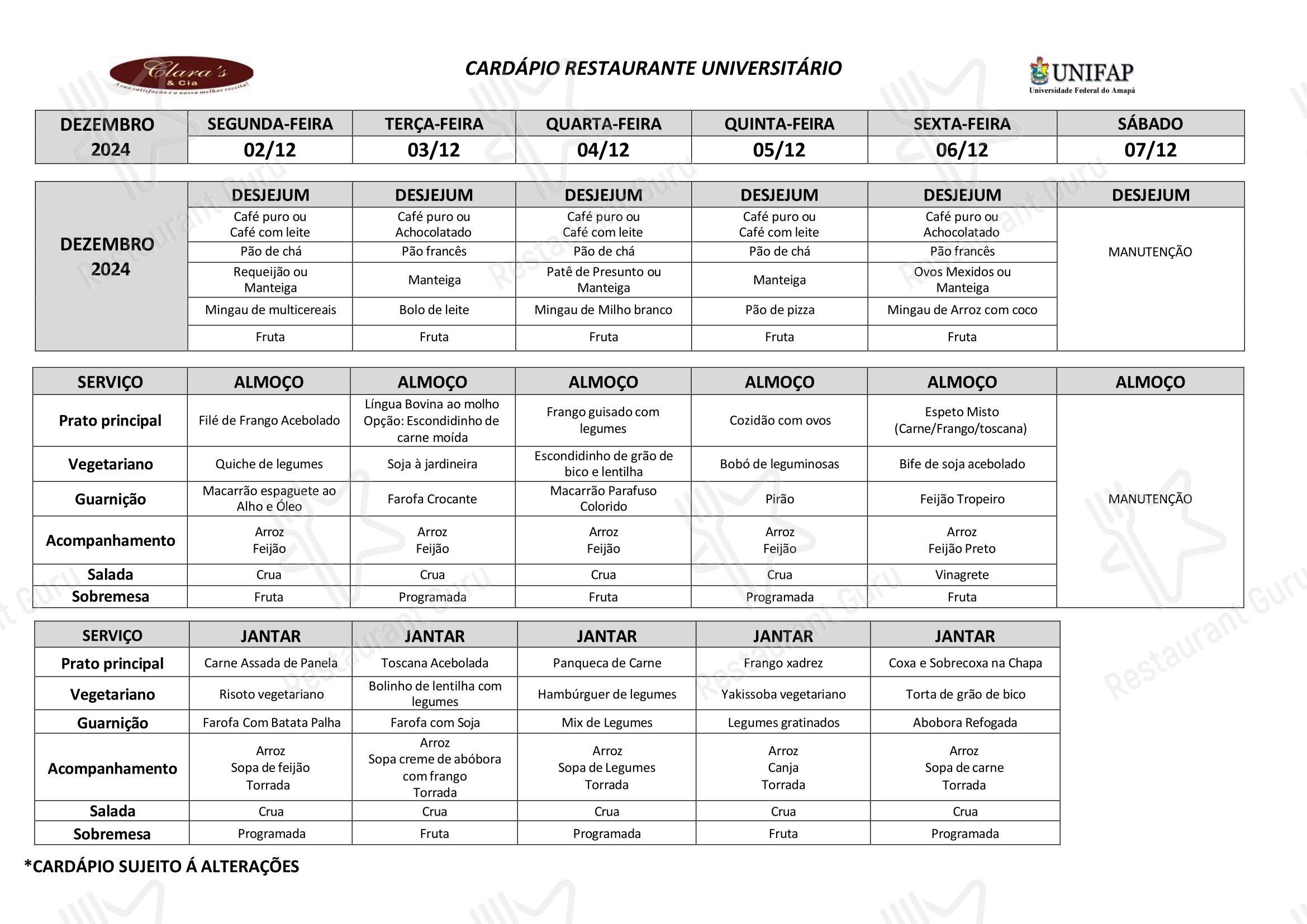 Restaurante Universitário - UNIFAP em Macapá - Catering Menu