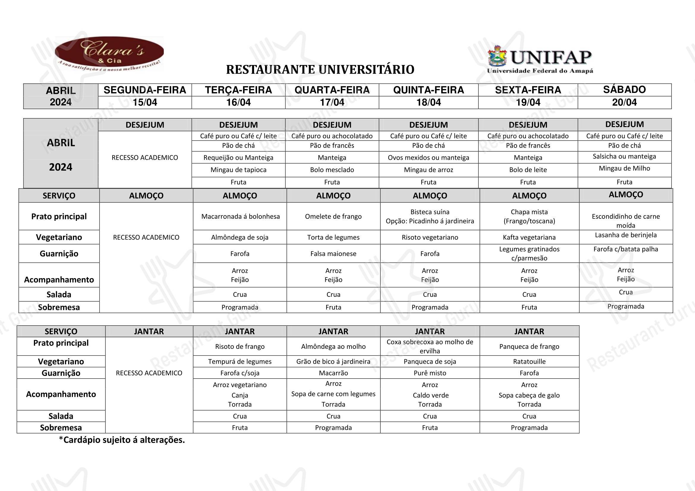 Restaurante Universitário - UNIFAP - Take out menu
