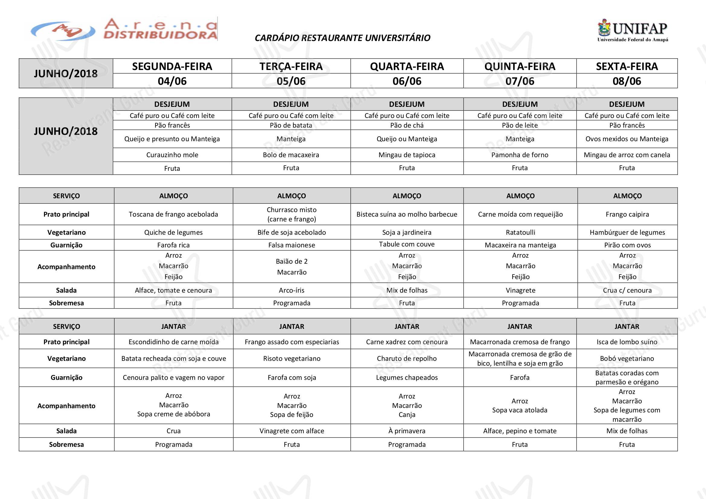 Restaurante Universitário - UNIFAP em Macapá - Dining In Menu