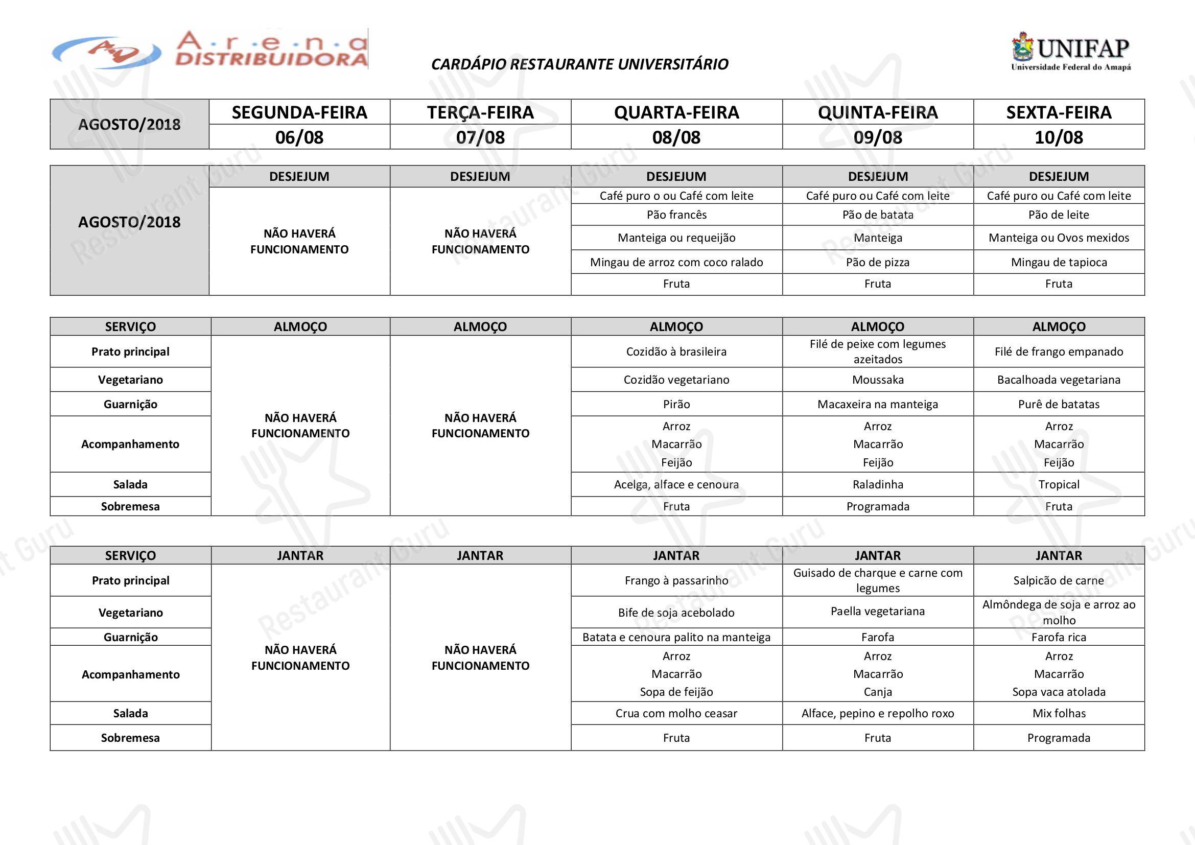 Restaurante Universitário - UNIFAP - Sunday Dinner Menu