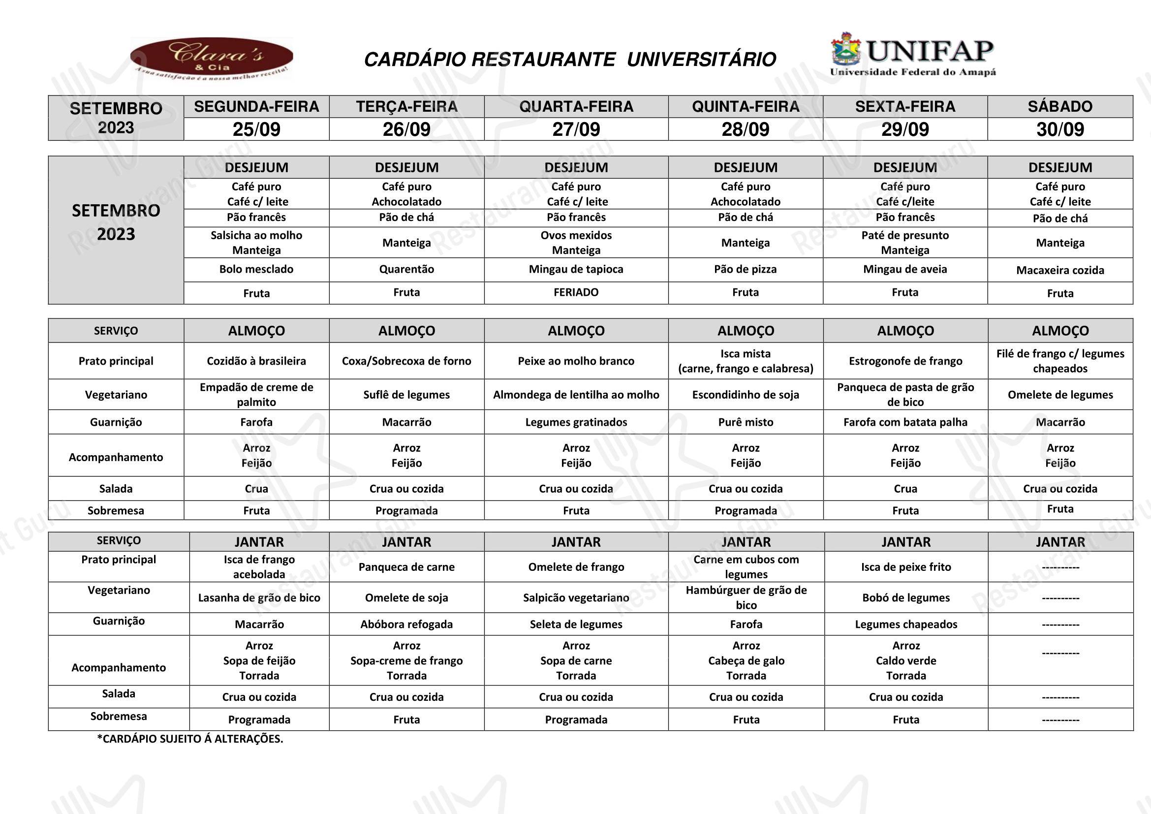 Day menu para Restaurante Universitário - UNIFAP restaurante