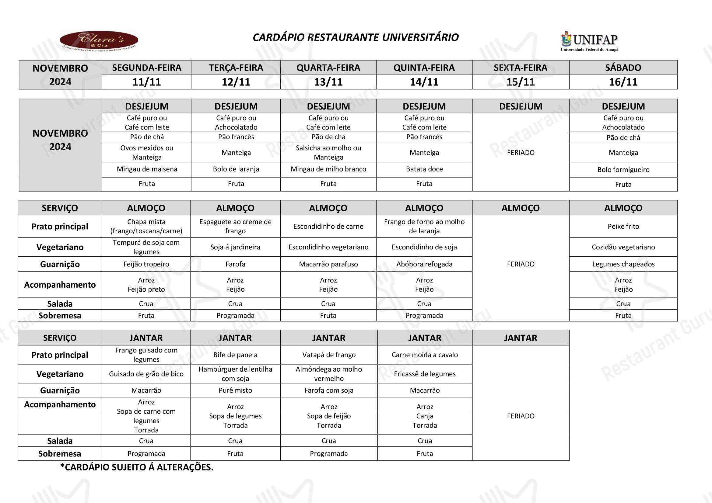 Restaurant Menu para Restaurante Universitário - UNIFAP restaurante