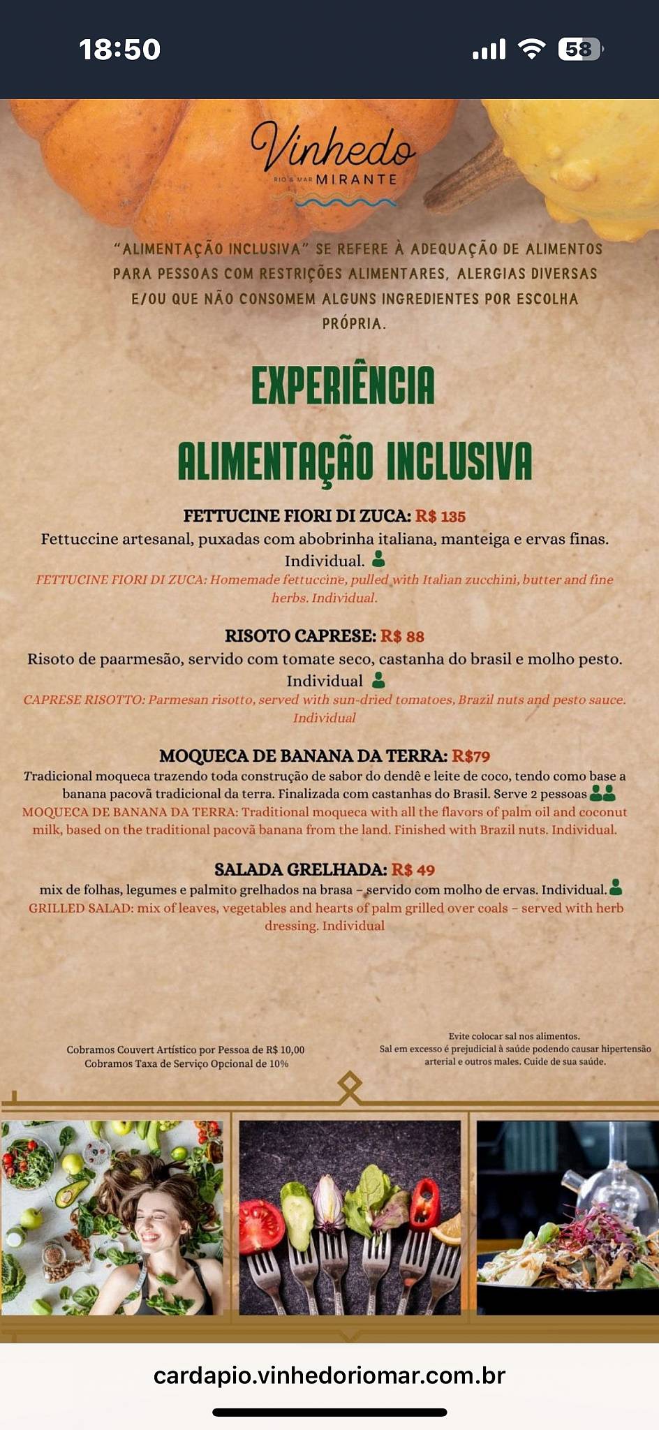 Restaurante Vinhedo Rio e Mar Mirante cardápio