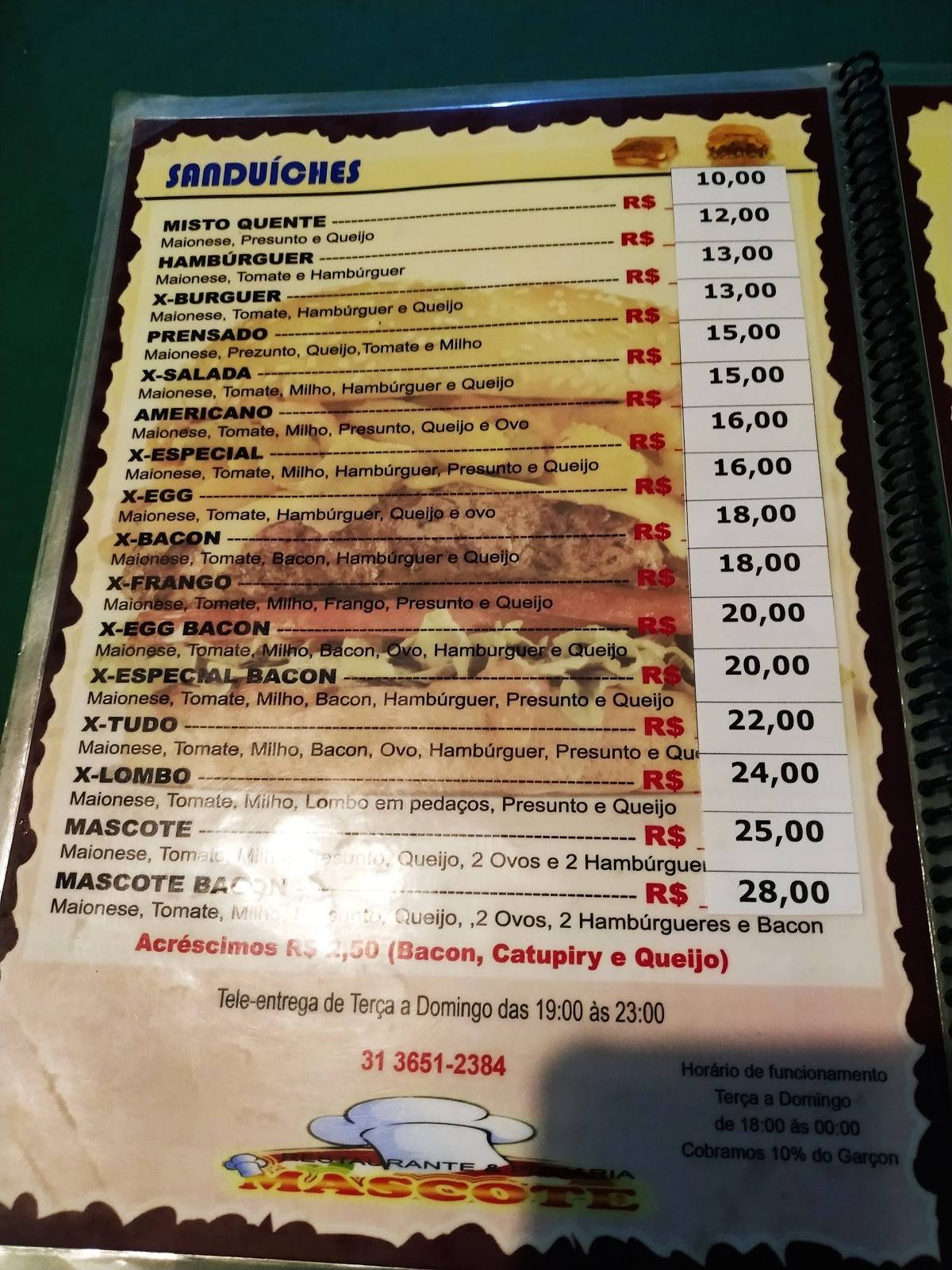 Restaurante e Pizzaria Mascote Lanches cardápio