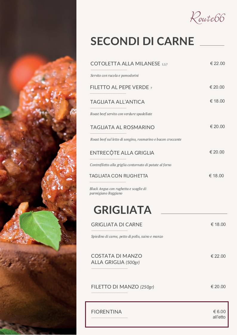 Menu di Route 66 Ristorante Pizzeria Italiano 