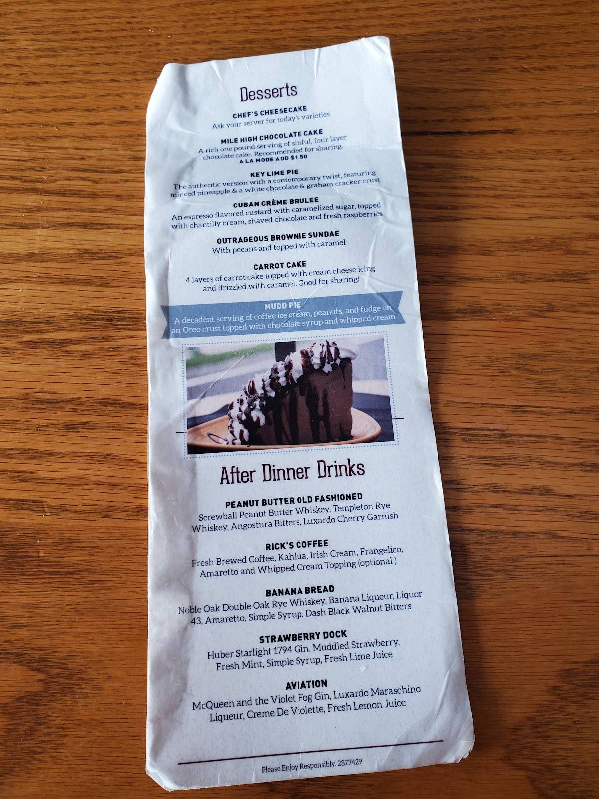 Menu at Rick's Café Boatyard pub & bar, Indianapolis