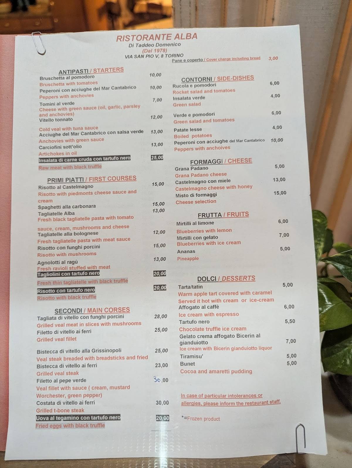 Menu di Ristorante Alba 