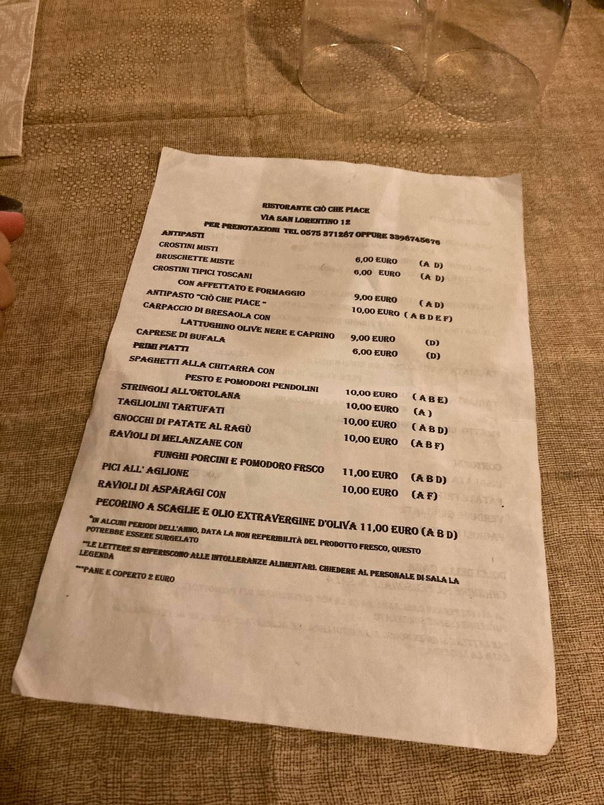 Menu di Ristorante Ciò che Piace AREZZO 