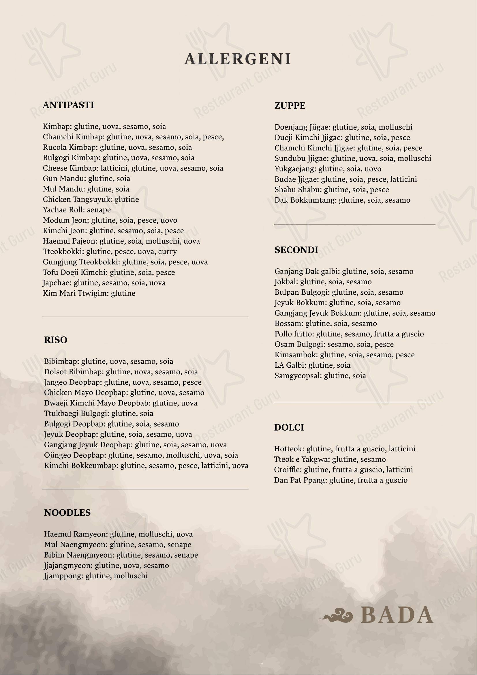 Menu pour Ristorante Coreano Bada - 한식당 바다 - 菜单