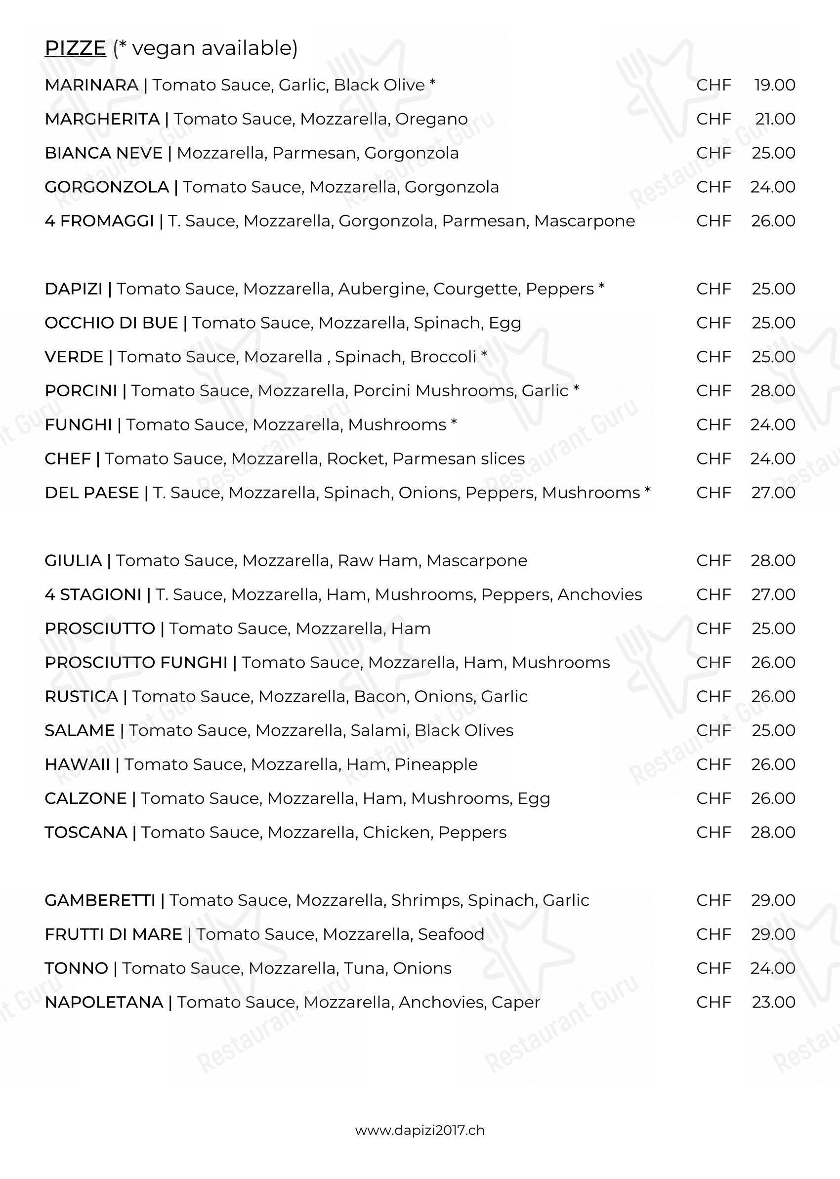 Menu per Ristorante DaPizi 2017 in Zurigo