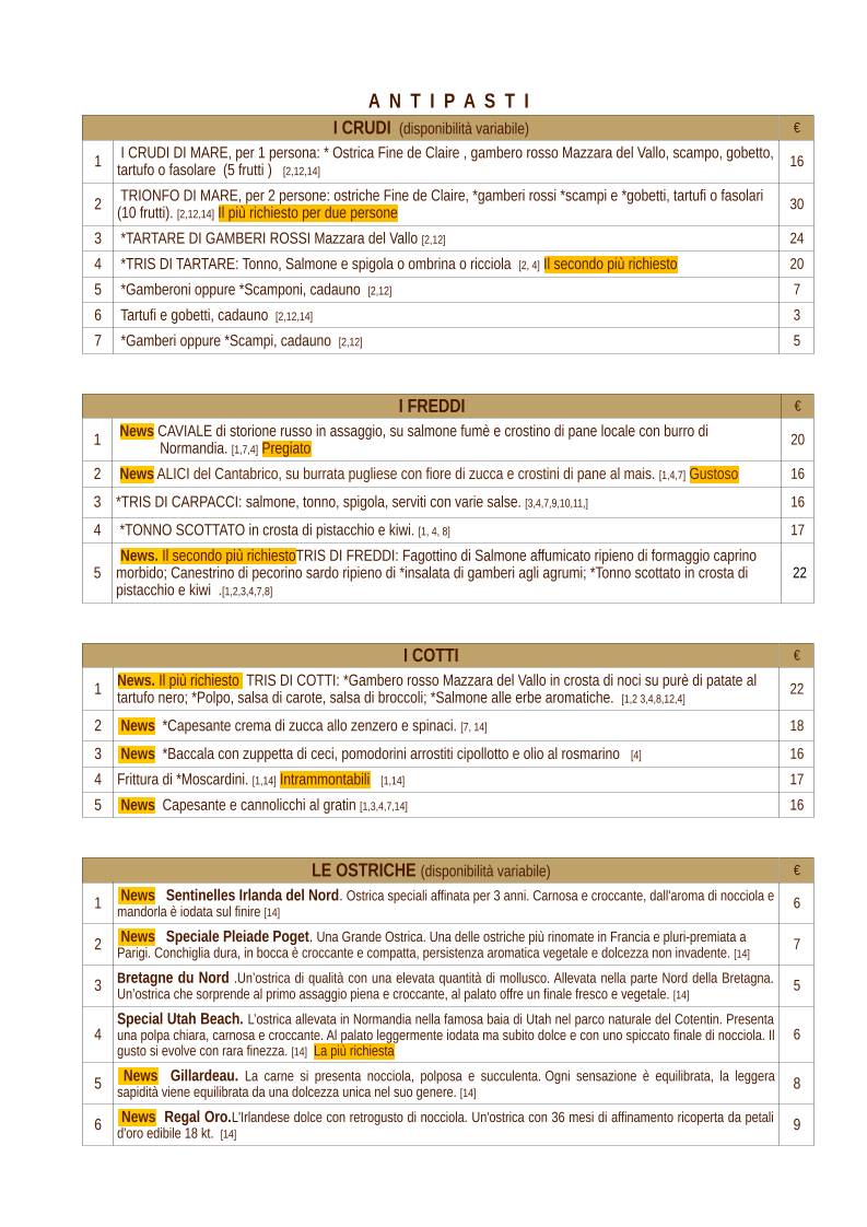Menu di Maestrale ristorante pesce 