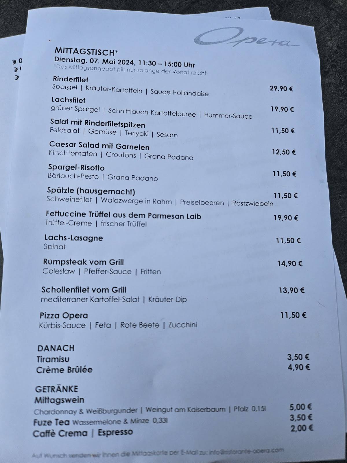 Menu de Ristorante Opera